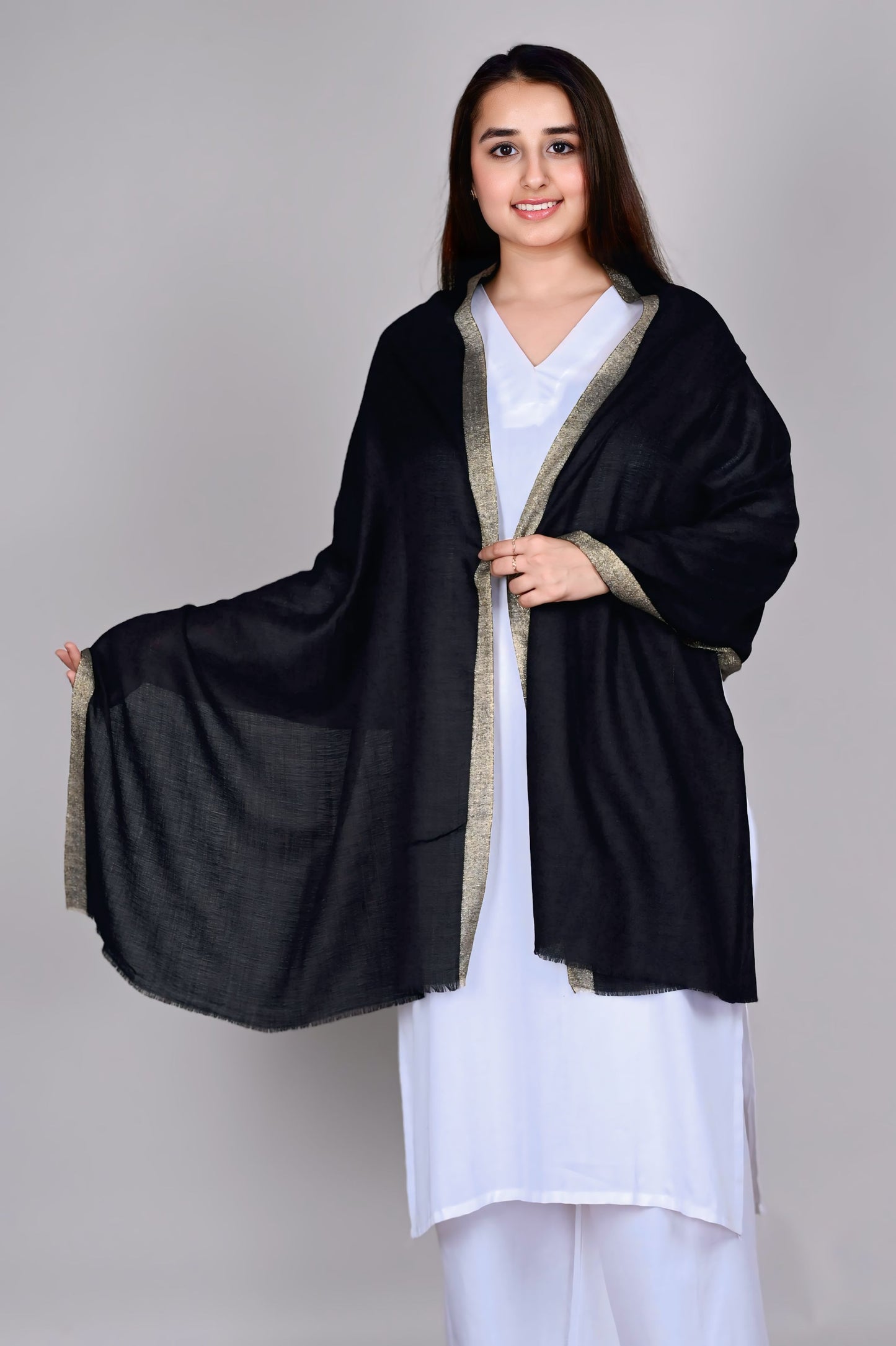 Classic Black Fine Wool Stole with Golden Zari Border