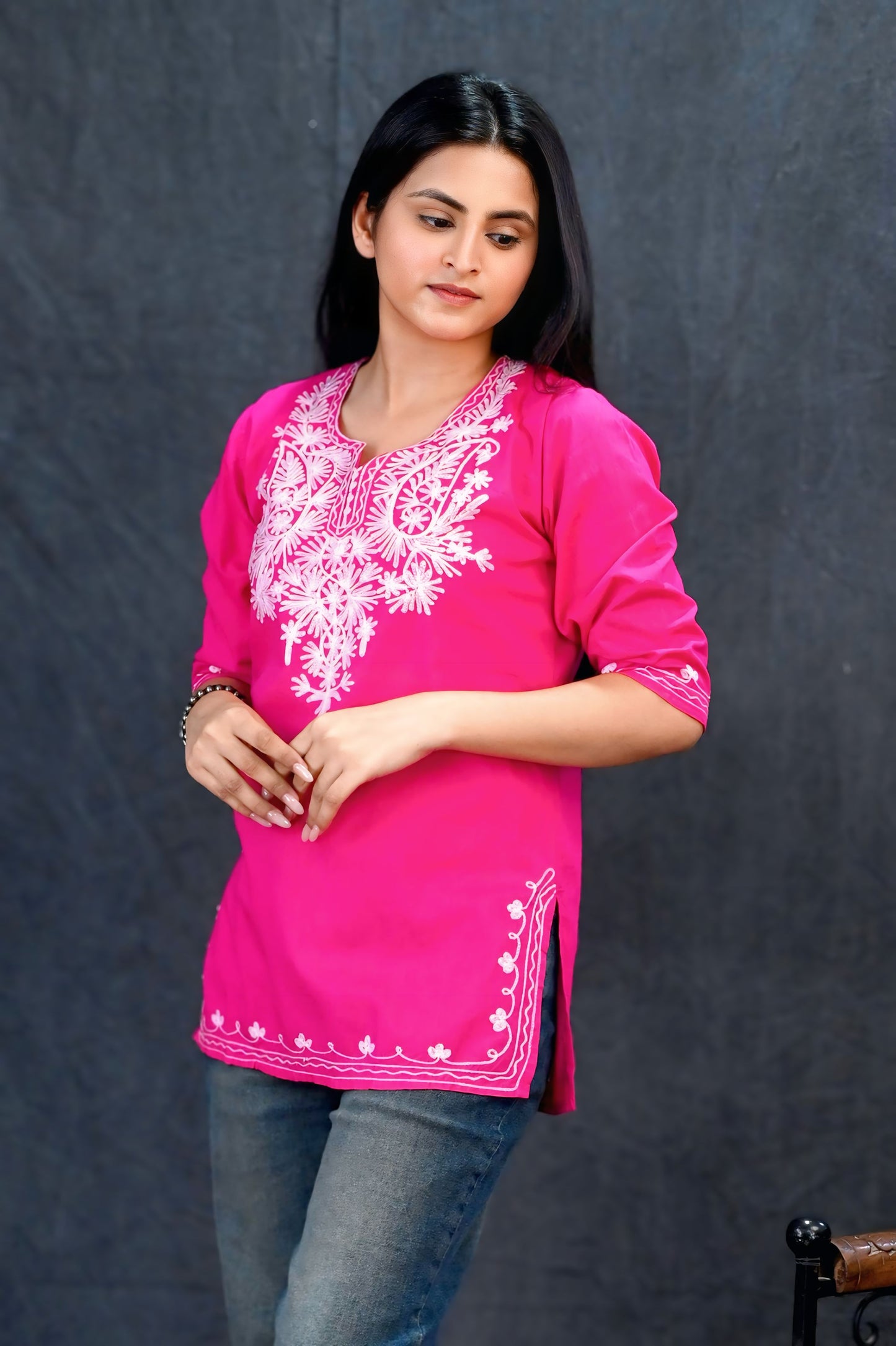 Elegant Fuchsia Chikankari Short Kurti