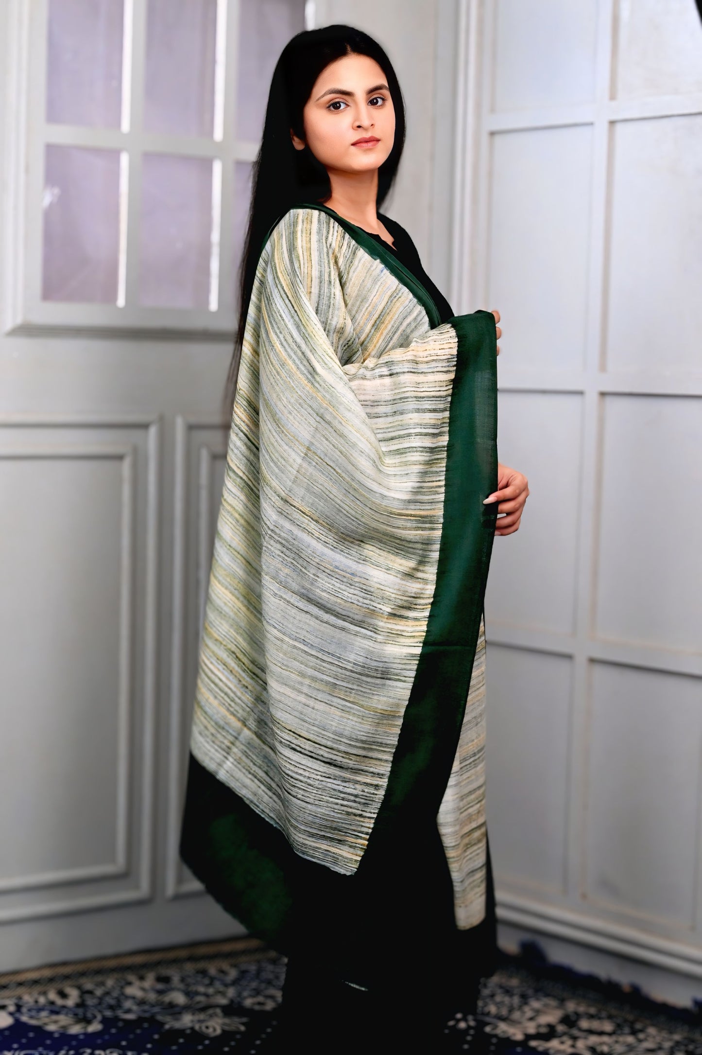 Fine Wool Brush Print Stole – Deep Forest Green with Earthy Striped Accents