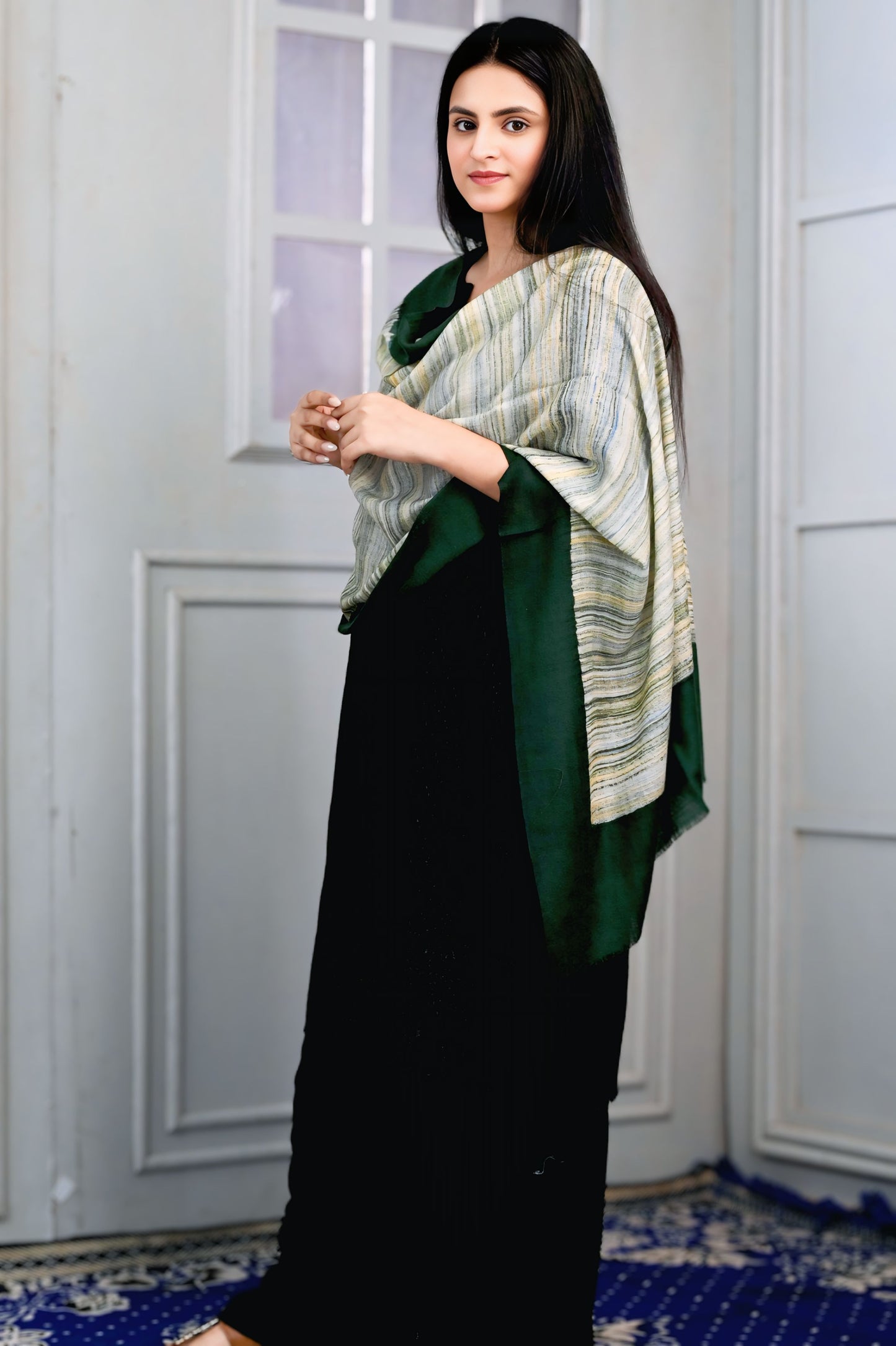 Fine Wool Brush Print Stole – Deep Forest Green with Earthy Striped Accents