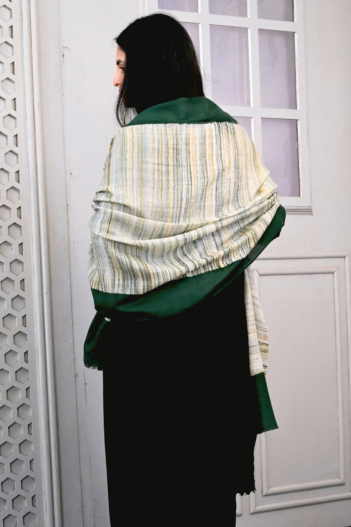 Fine Wool Brush Print Stole – Deep Forest Green with Earthy Striped Accents