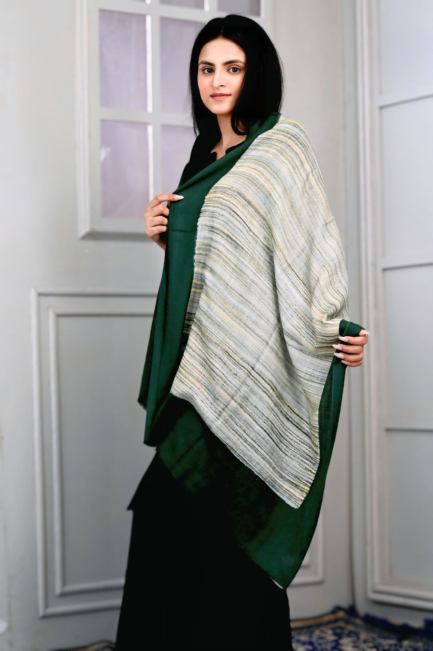 Fine Wool Brush Print Stole – Deep Forest Green with Earthy Striped Accents