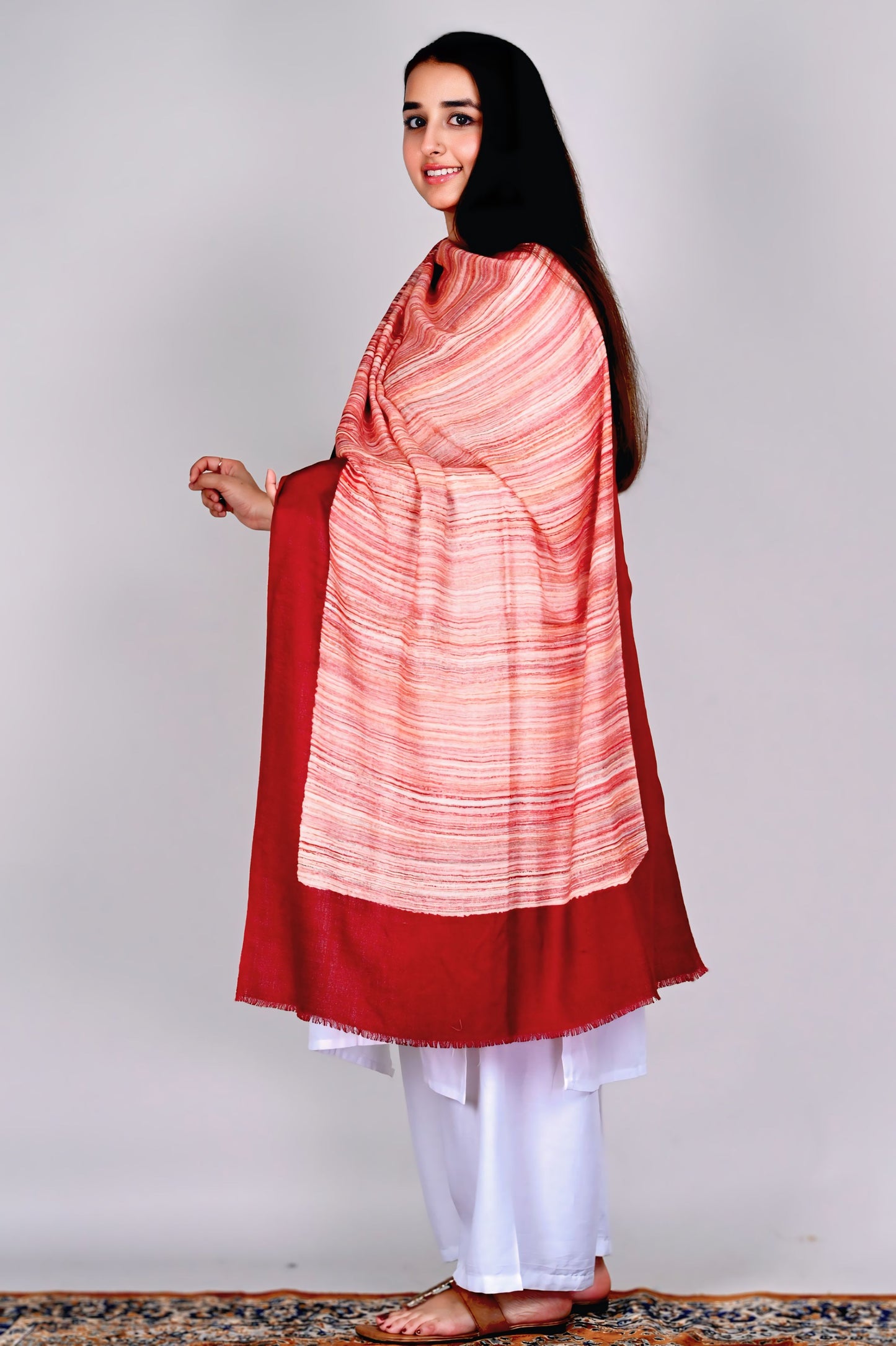 Fine Wool Brush Print Stole – Deep Maroon with Warm Toned Stripes