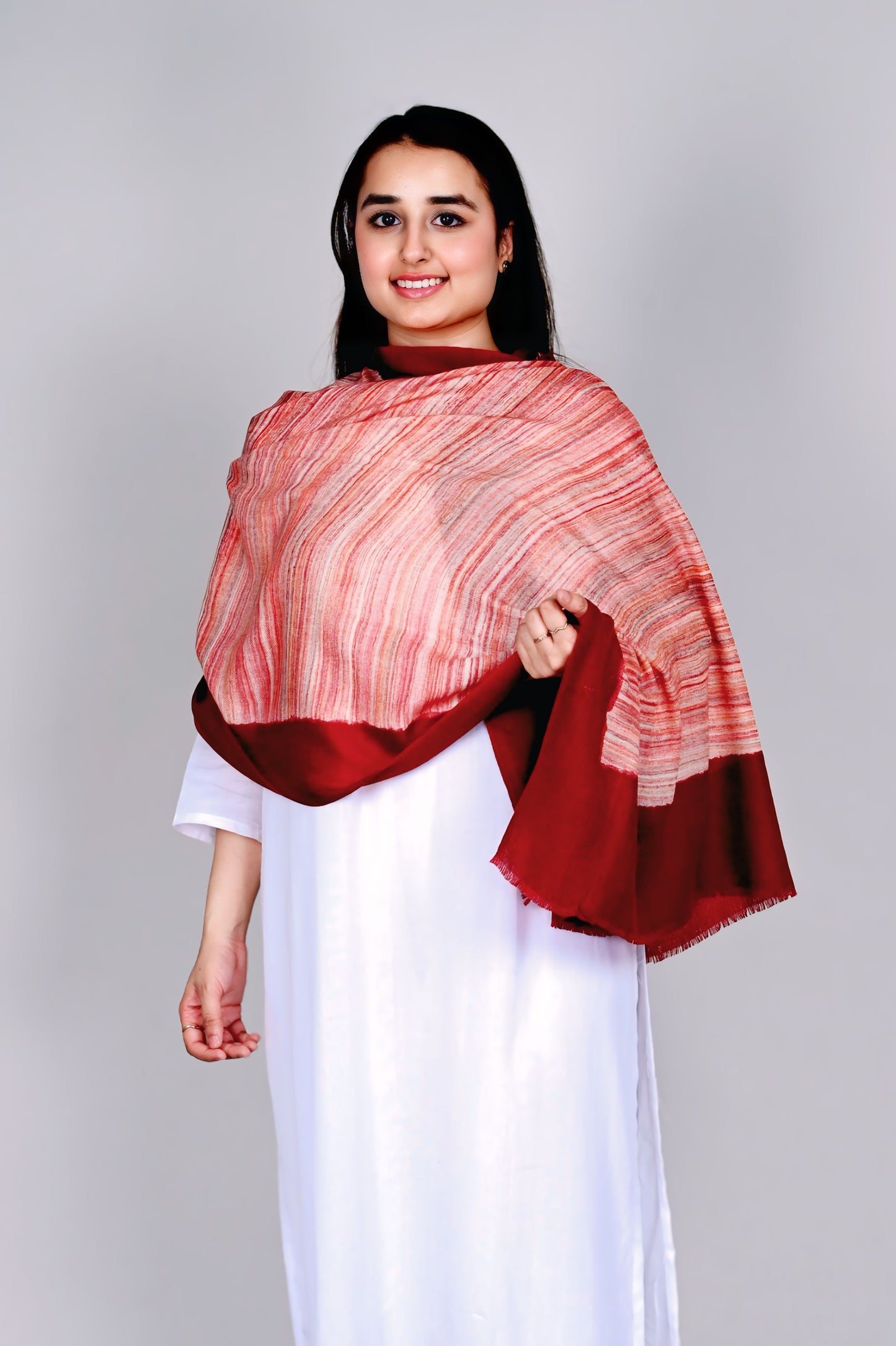 Fine Wool Brush Print Stole – Deep Maroon with Warm Toned Stripes