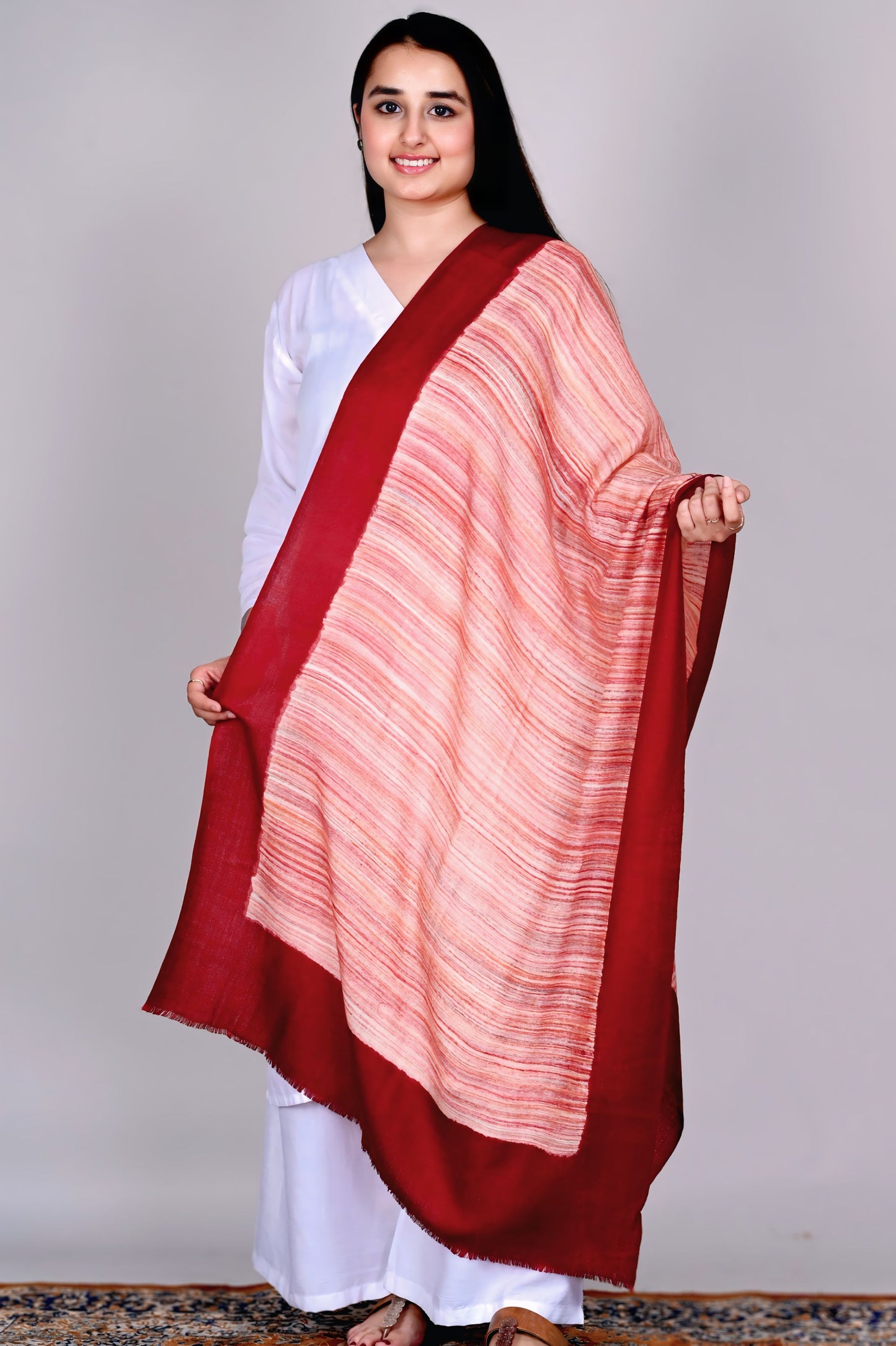 Fine Wool Brush Print Stole – Deep Maroon with Warm Toned Stripes