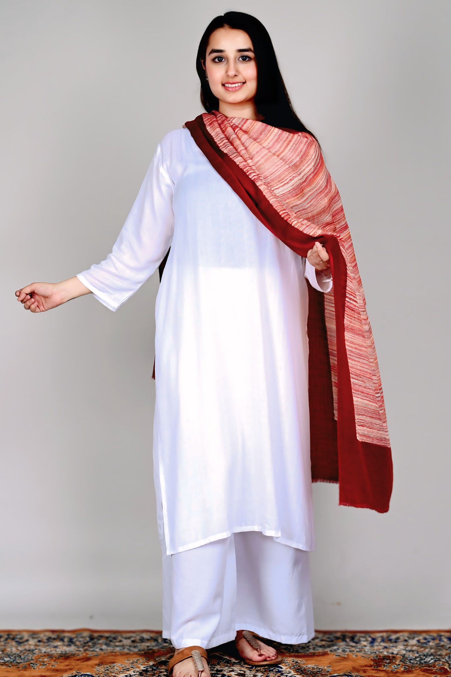 Fine Wool Brush Print Stole – Deep Maroon with Warm Toned Stripes