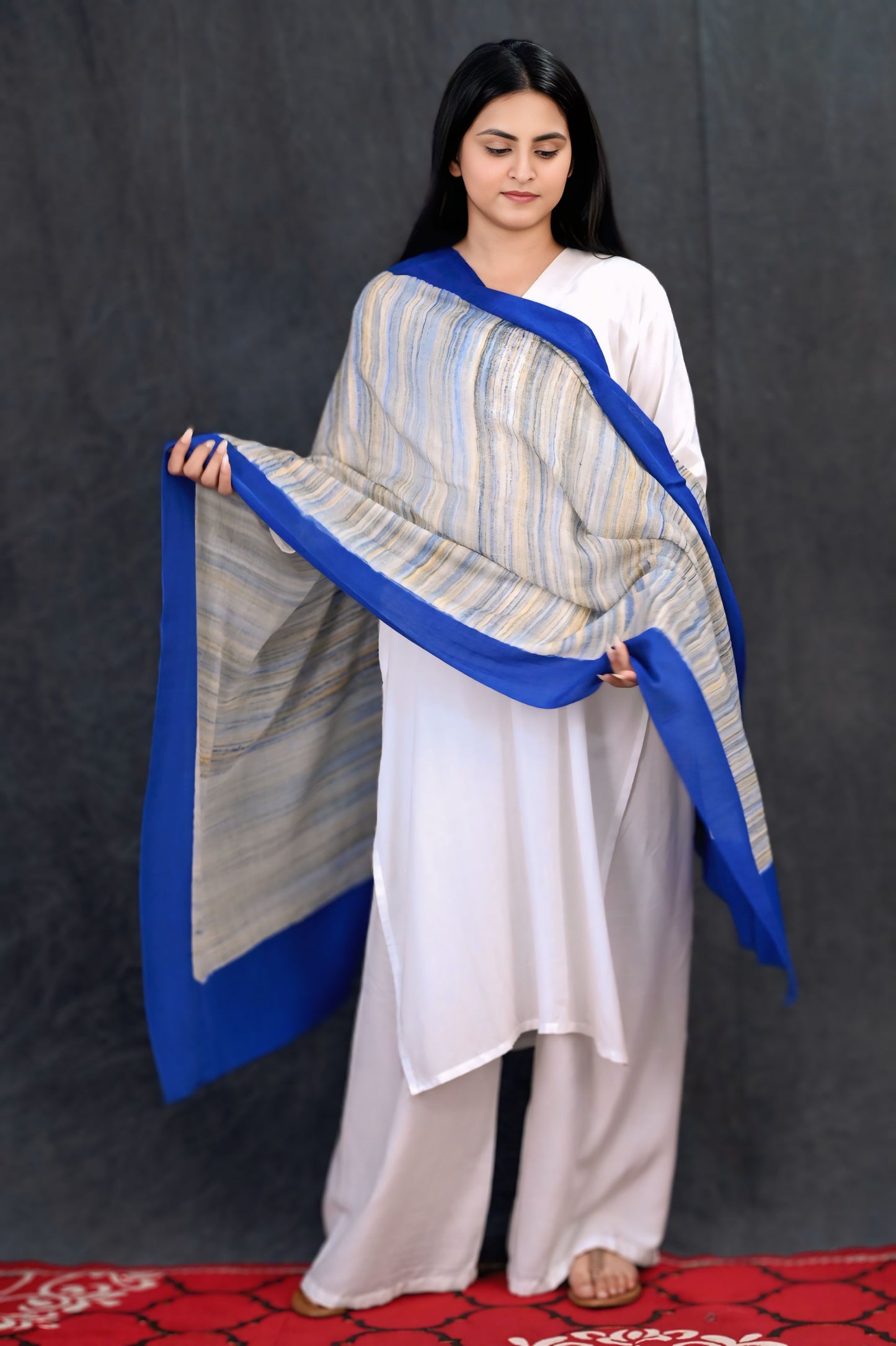 Fine Wool Brush Print Stole – Royal Blue with Multitone Brush Fade