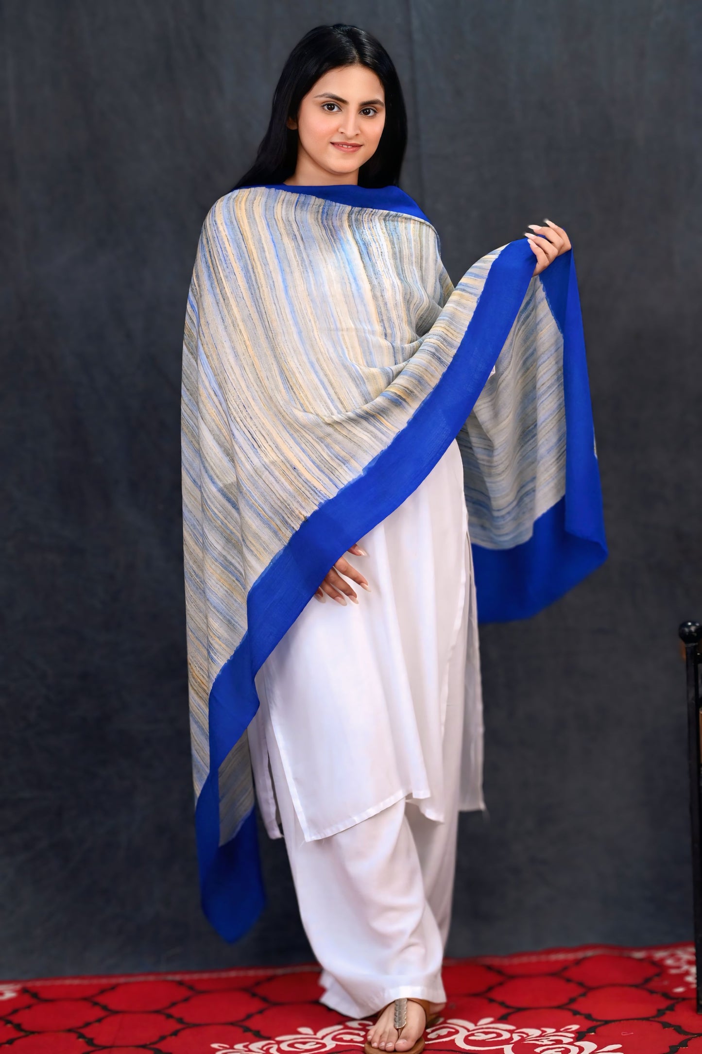 Fine Wool Brush Print Stole – Royal Blue with Multitone Brush Fade