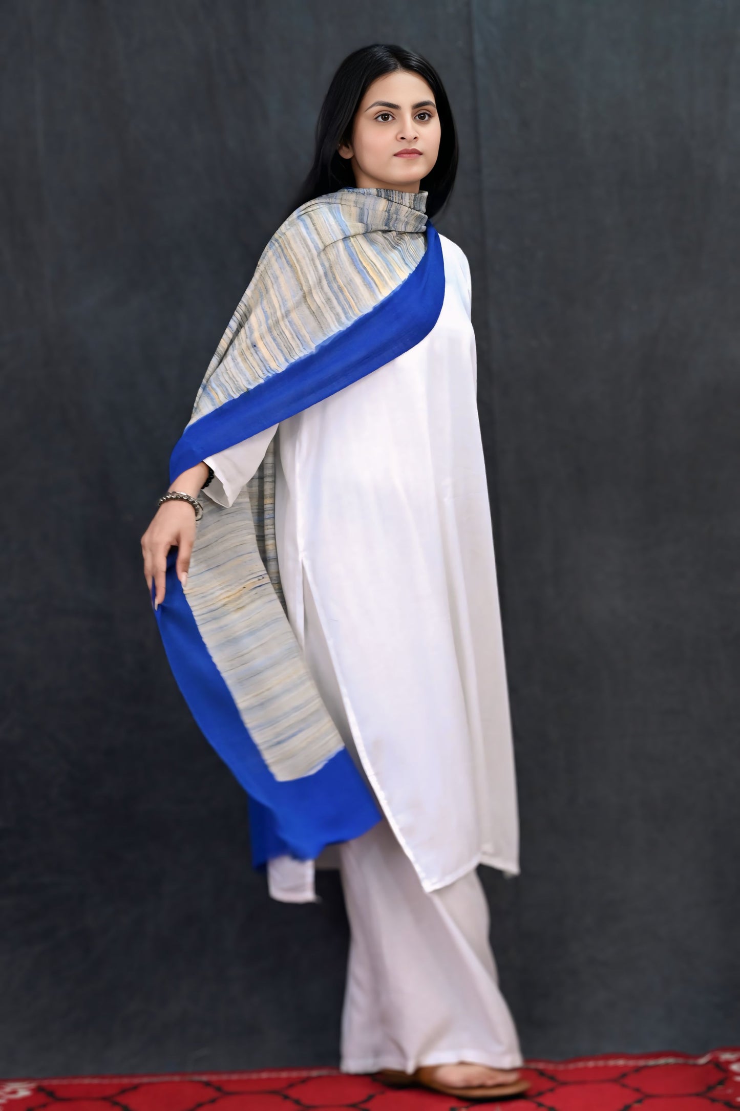Fine Wool Brush Print Stole – Royal Blue with Multitone Brush Fade