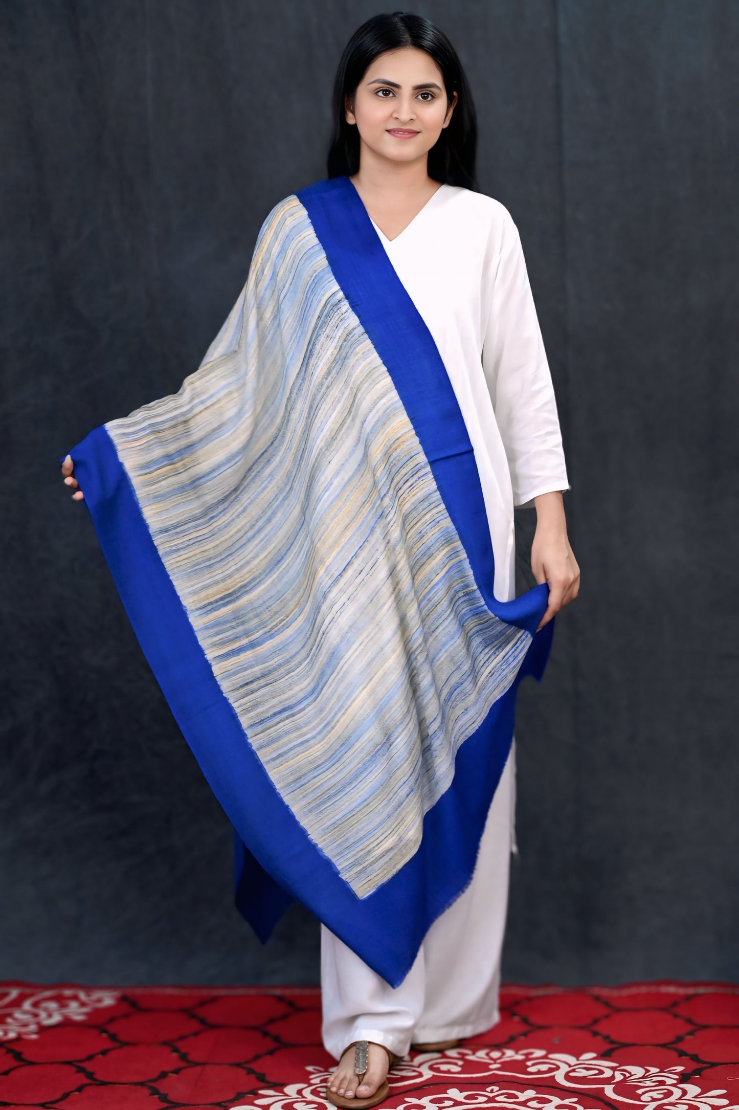 Fine Wool Brush Print Stole – Royal Blue with Multitone Brush Fade