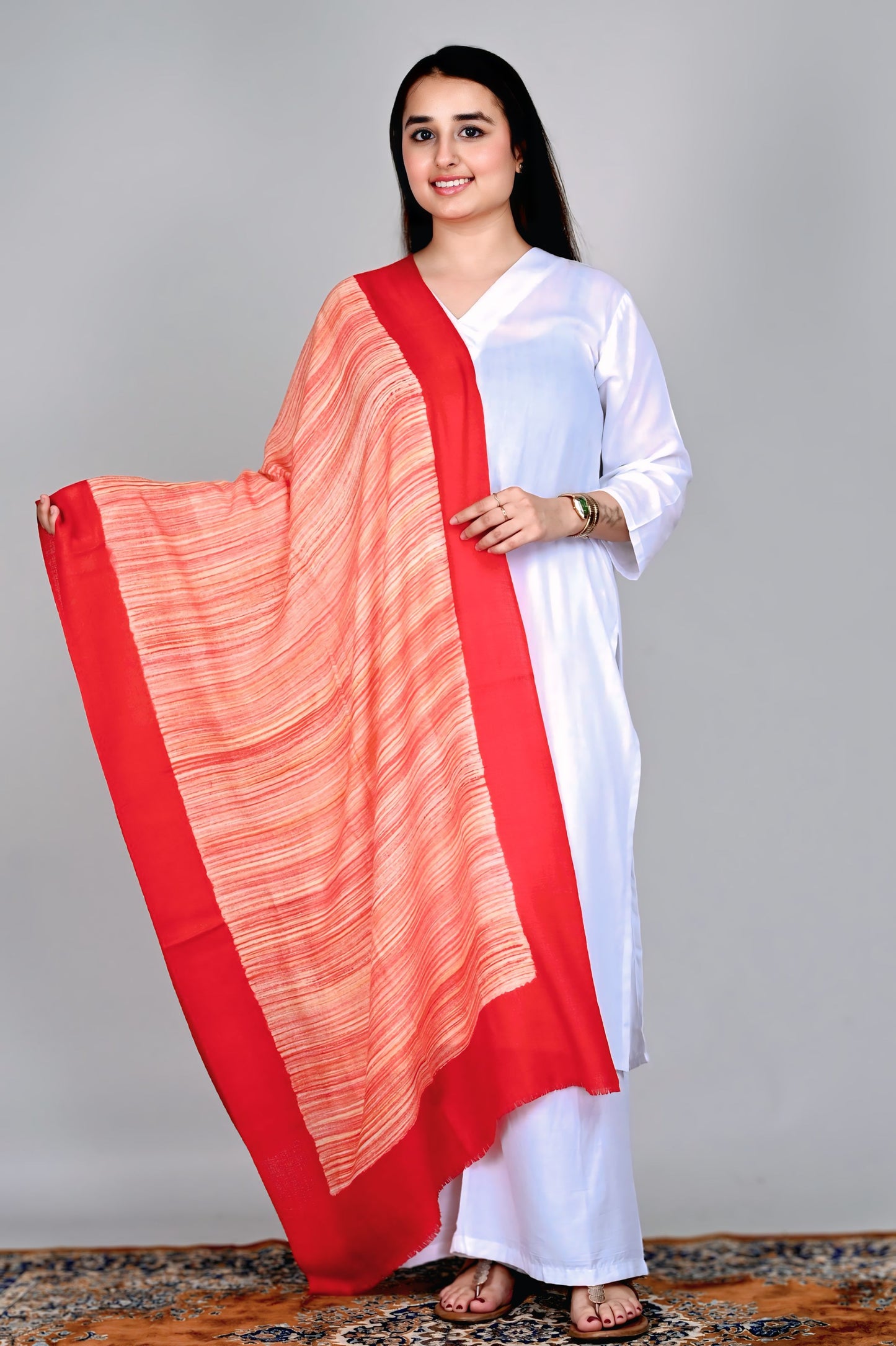 Fine Wool Brush Print Stole – Scarlet Red with Fiery Brush Stripes