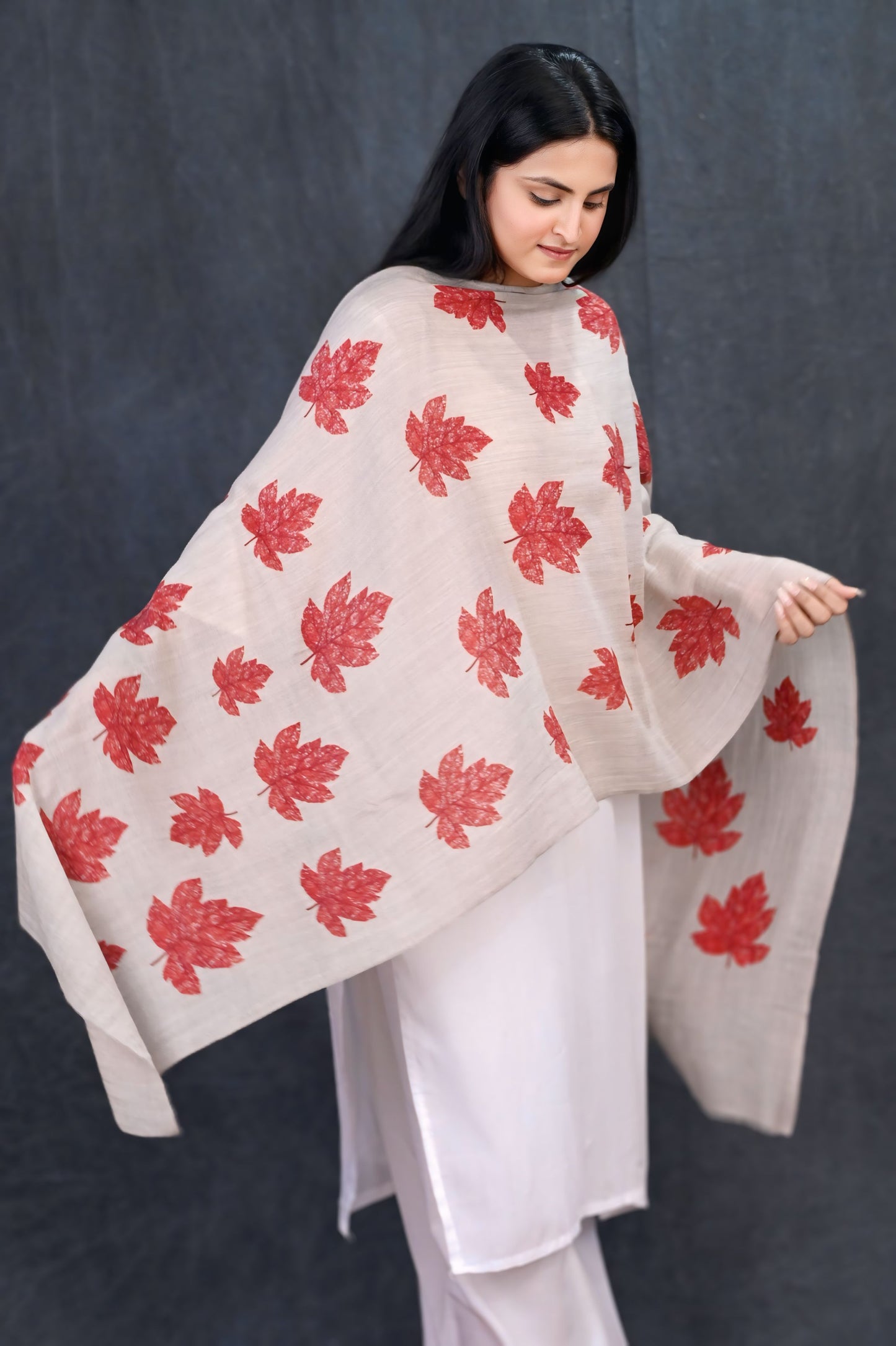Fine Wool Chinar Design Stole – Beige with Maroon Leaf Motifs