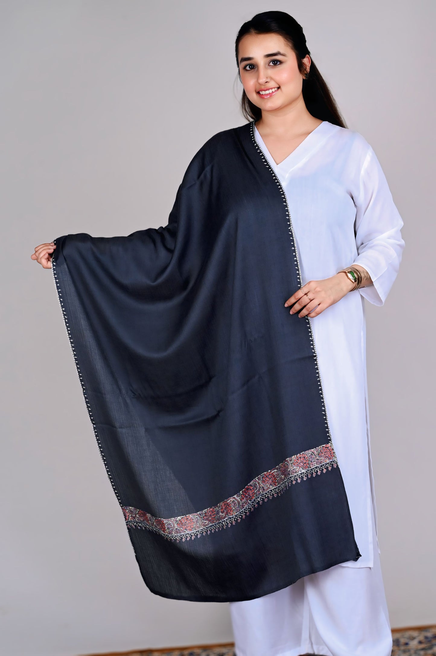 Fine Wool Sozni Embroidered Neemdor Pala Stole – Charcoal Elegance with Autumnal Embroidery