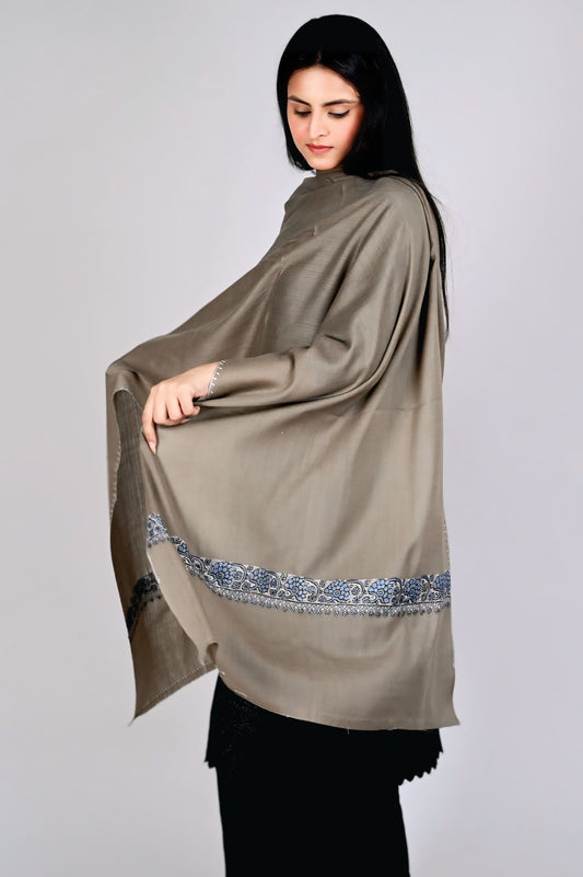 Fine Wool Sozni Embroidered Neemdor Pala Stole – Olive Brown Elegance with Subtle Craftsmanship