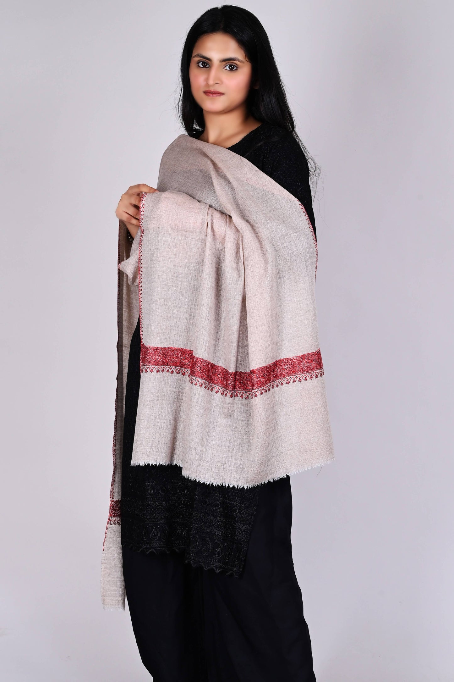 Fine Wool Sozni Embroidered Neemdor Pala Stole – Sandstone Beige with Burgundy Motifs