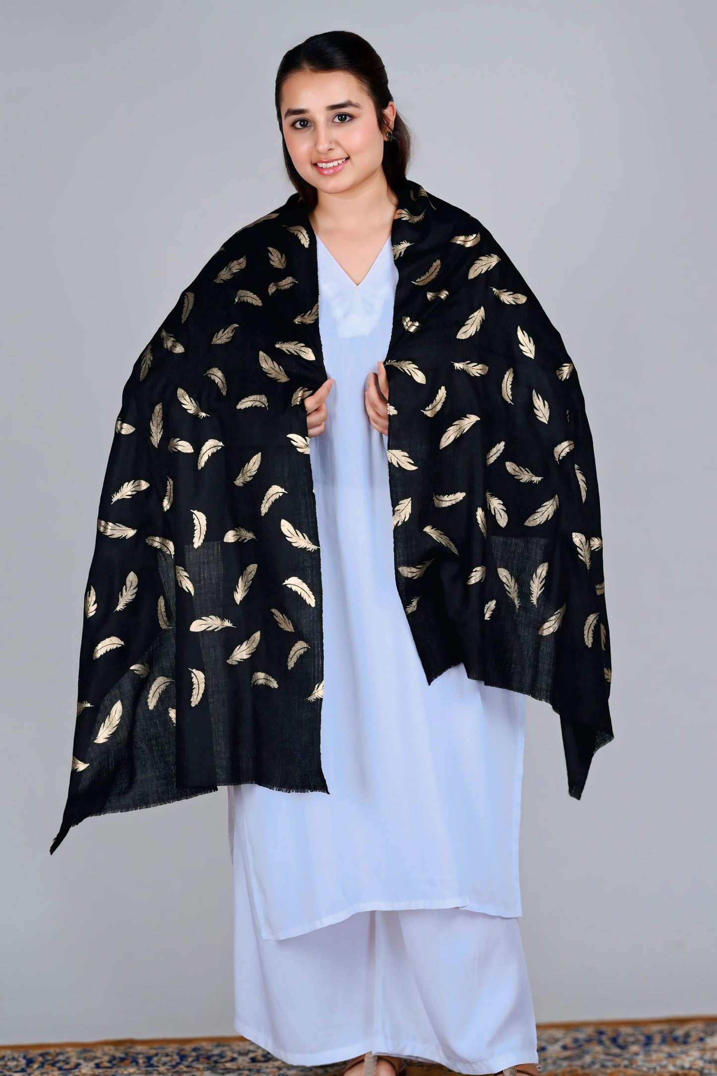 Elegant Fine Wool Stole with Gold Feather Foil Print – Black