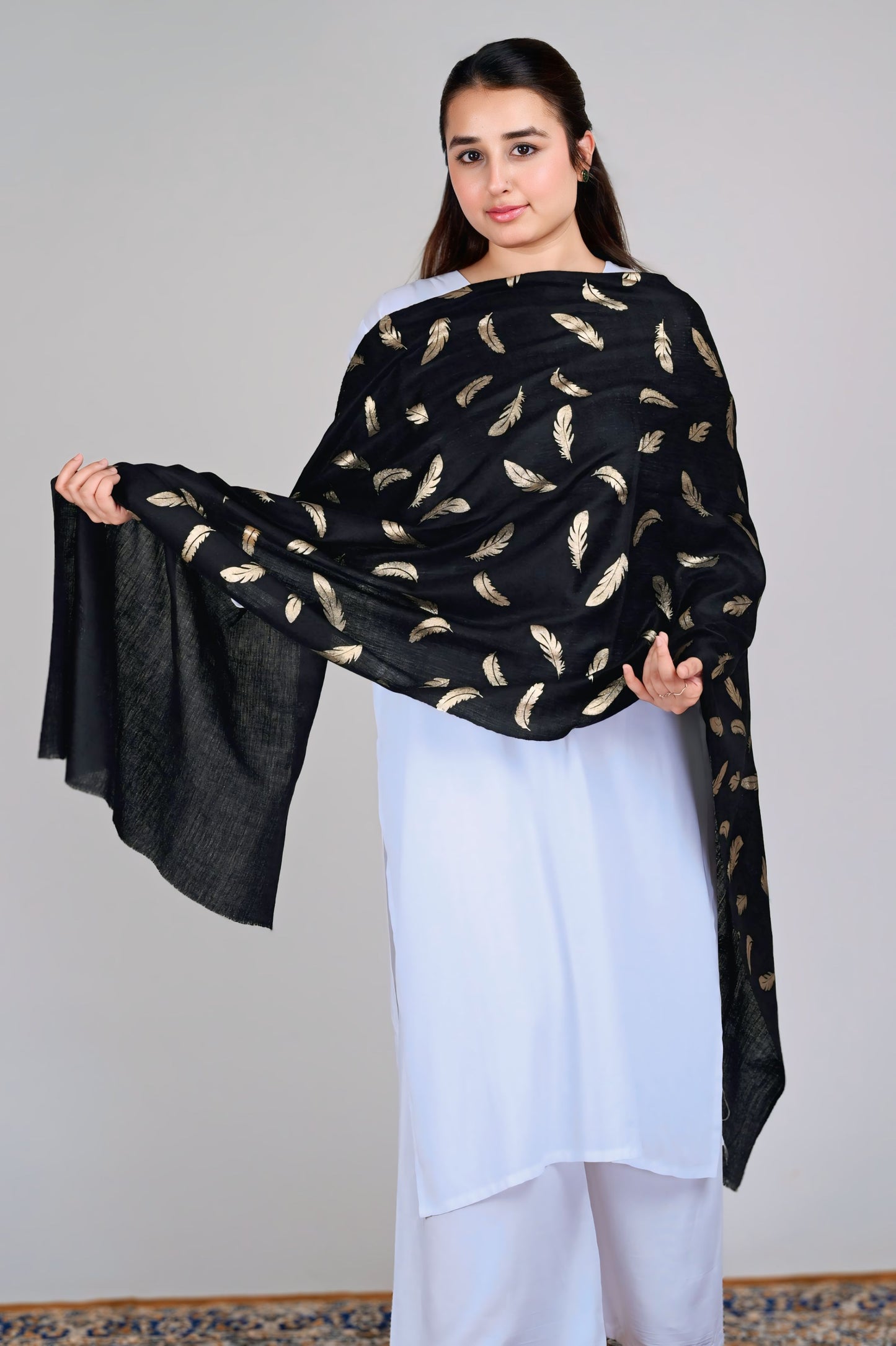 Elegant Fine Wool Stole with Gold Feather Foil Print – Black