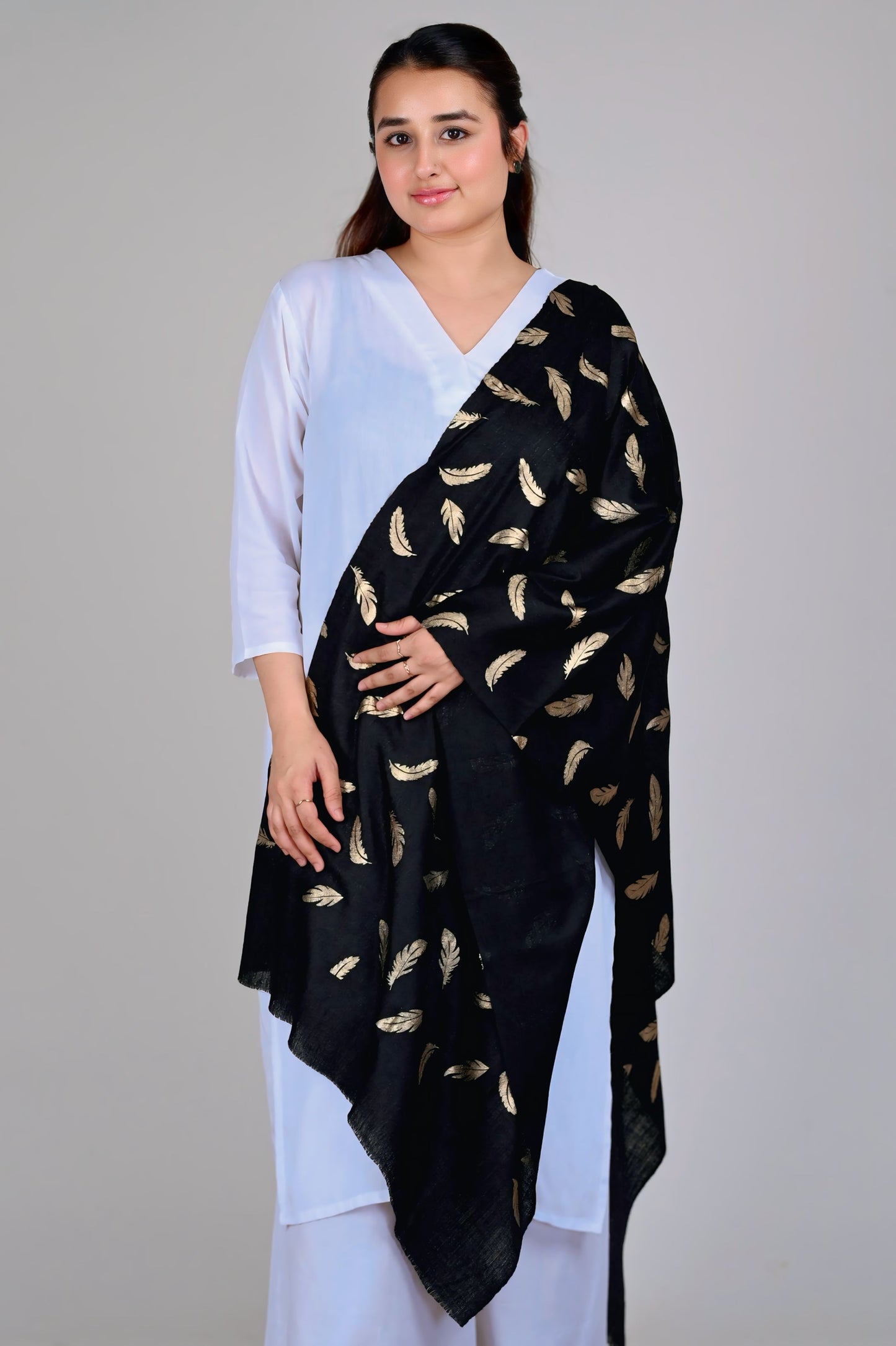 Elegant Fine Wool Stole with Gold Feather Foil Print – Black