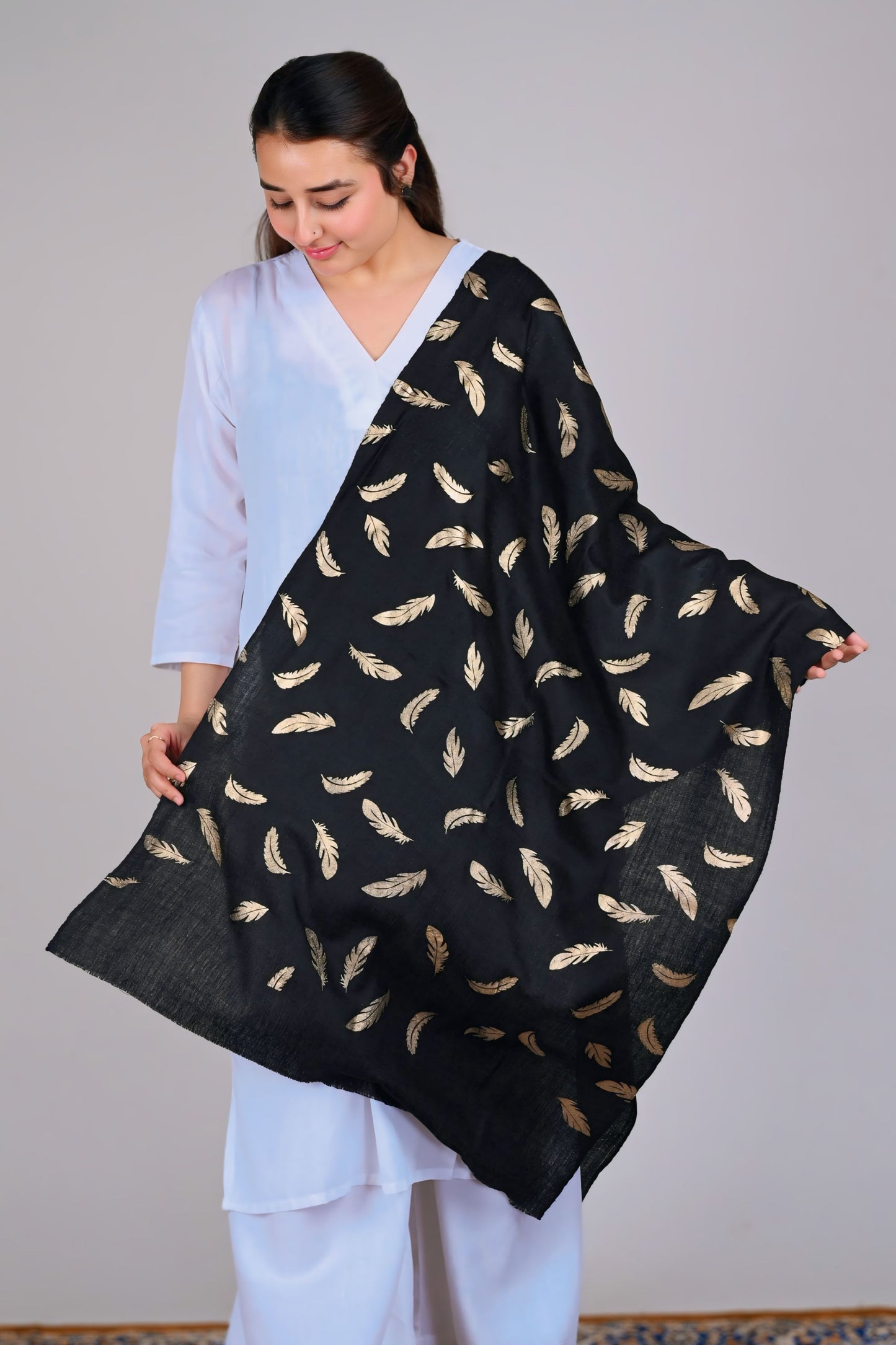 Elegant Fine Wool Stole with Gold Feather Foil Print – Black