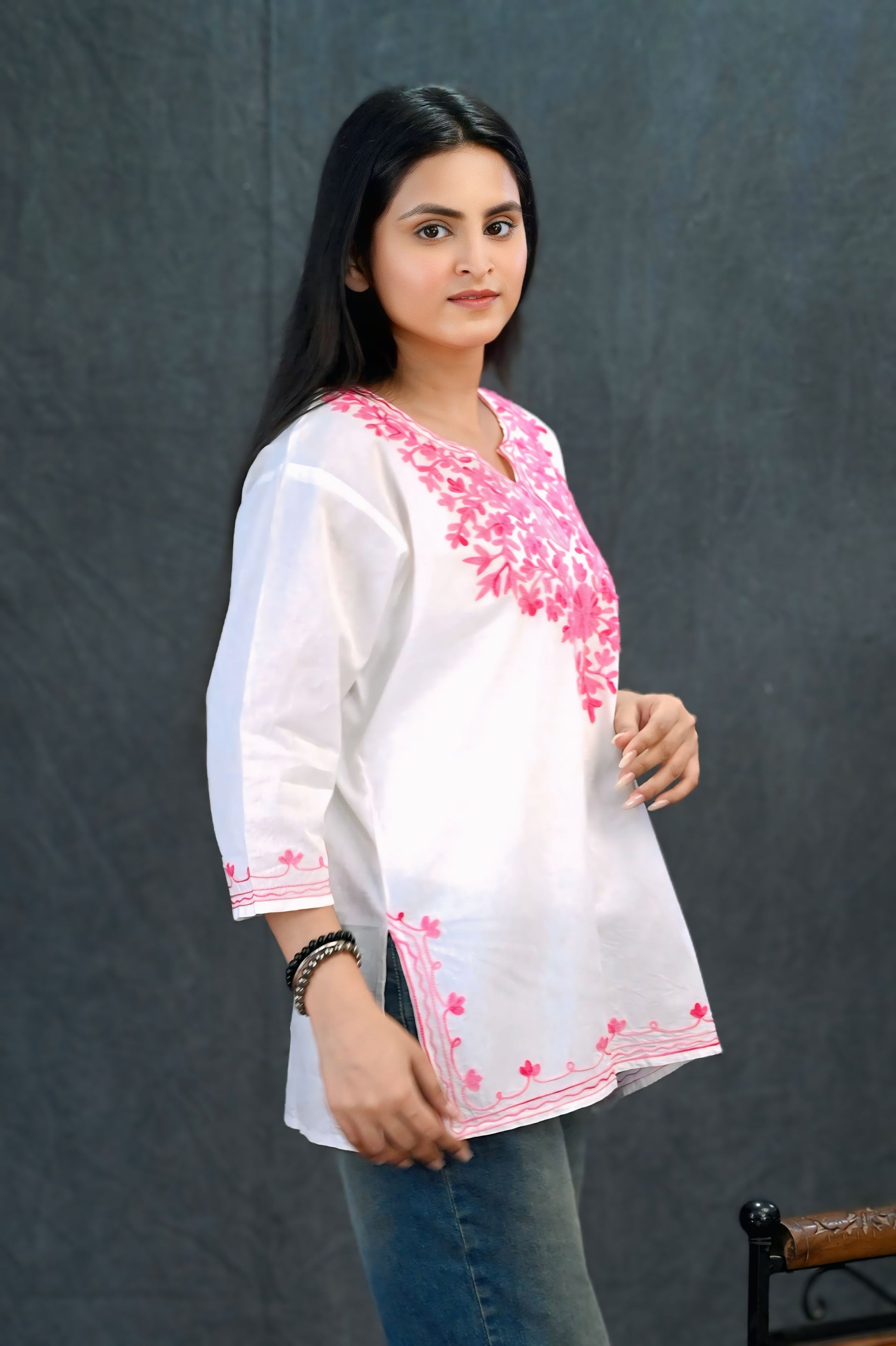 Grace in Bloom: White & Pink Short Chikankari Kurti