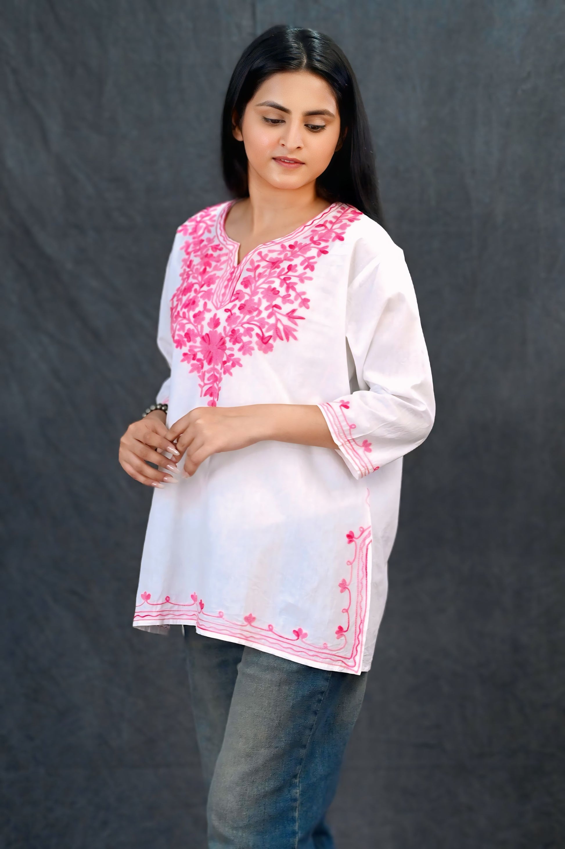 Grace in Bloom: White & Pink Short Chikankari Kurti