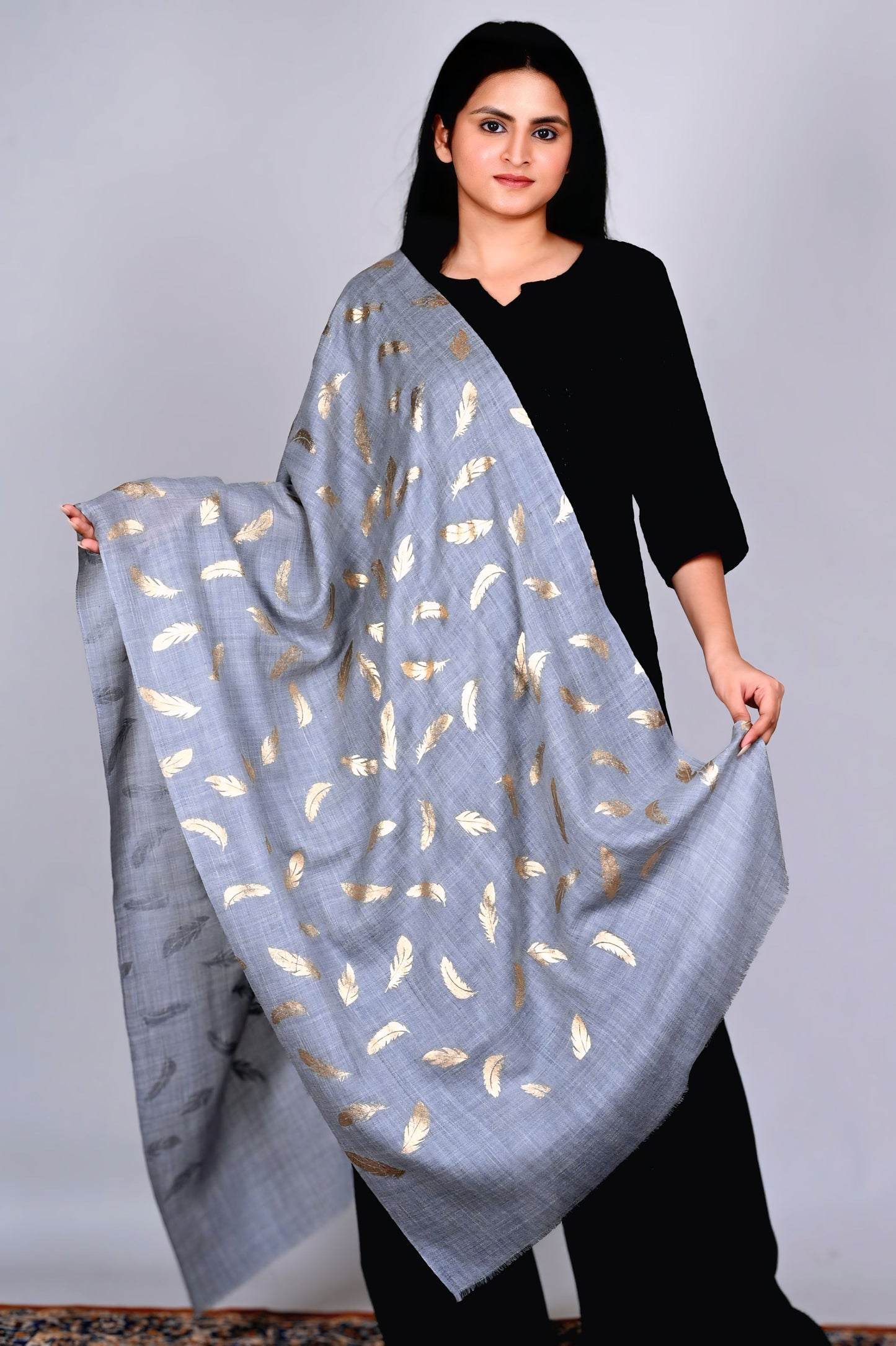 Elegant Grey Fine Wool Stole with Gold Feather Foil Print