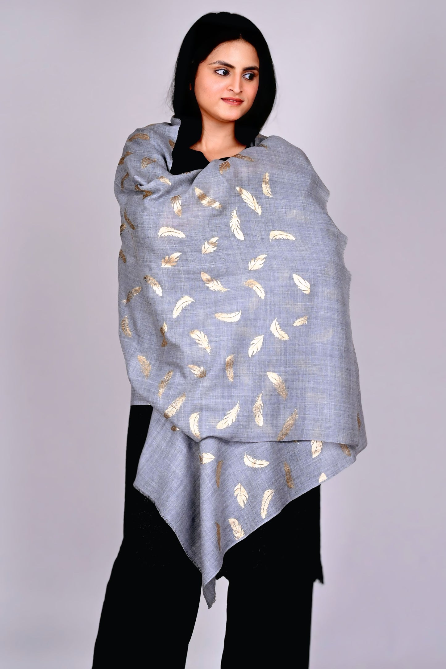 Elegant Grey Fine Wool Stole with Gold Feather Foil Print
