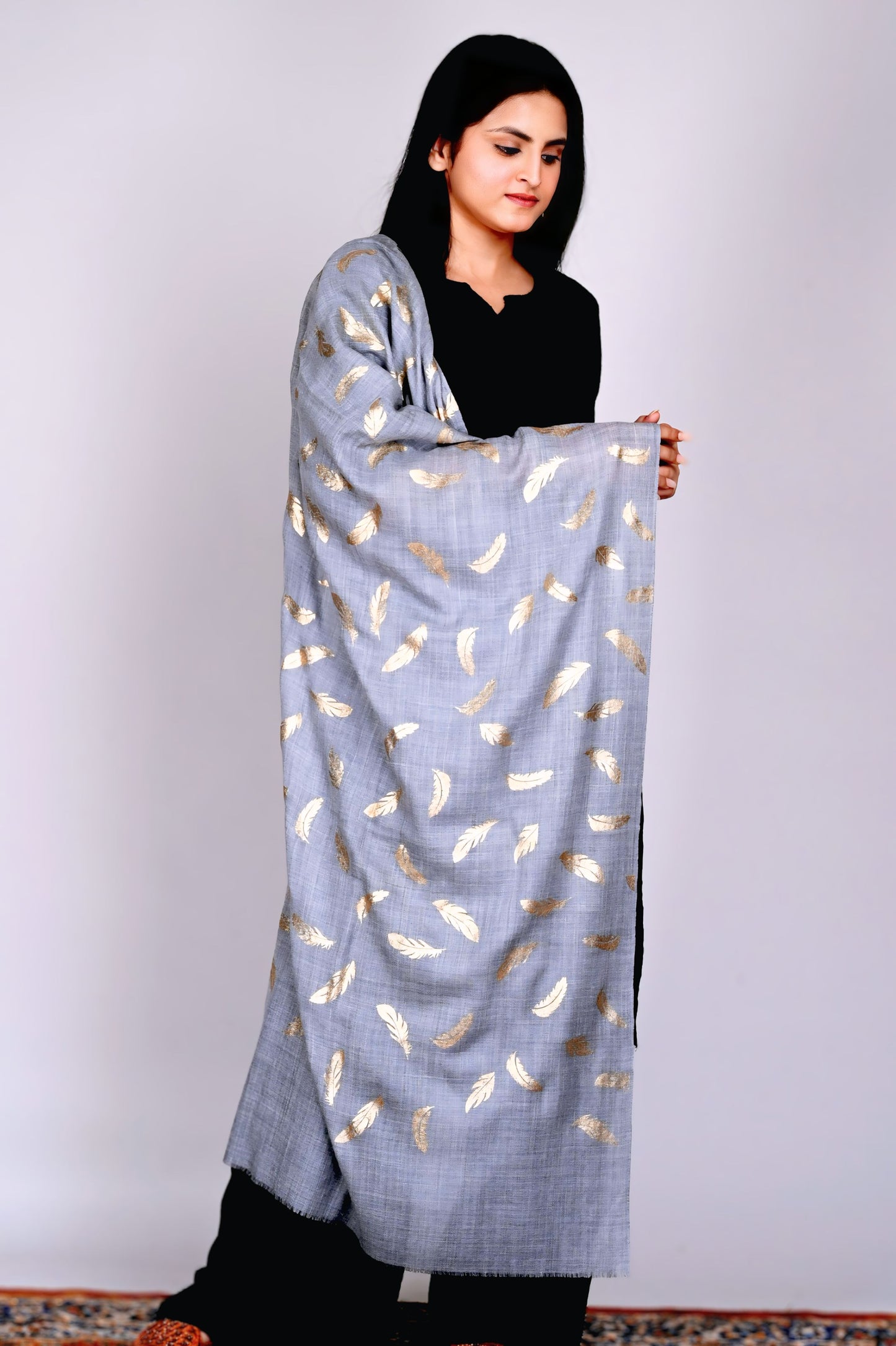 Elegant Grey Fine Wool Stole with Gold Feather Foil Print