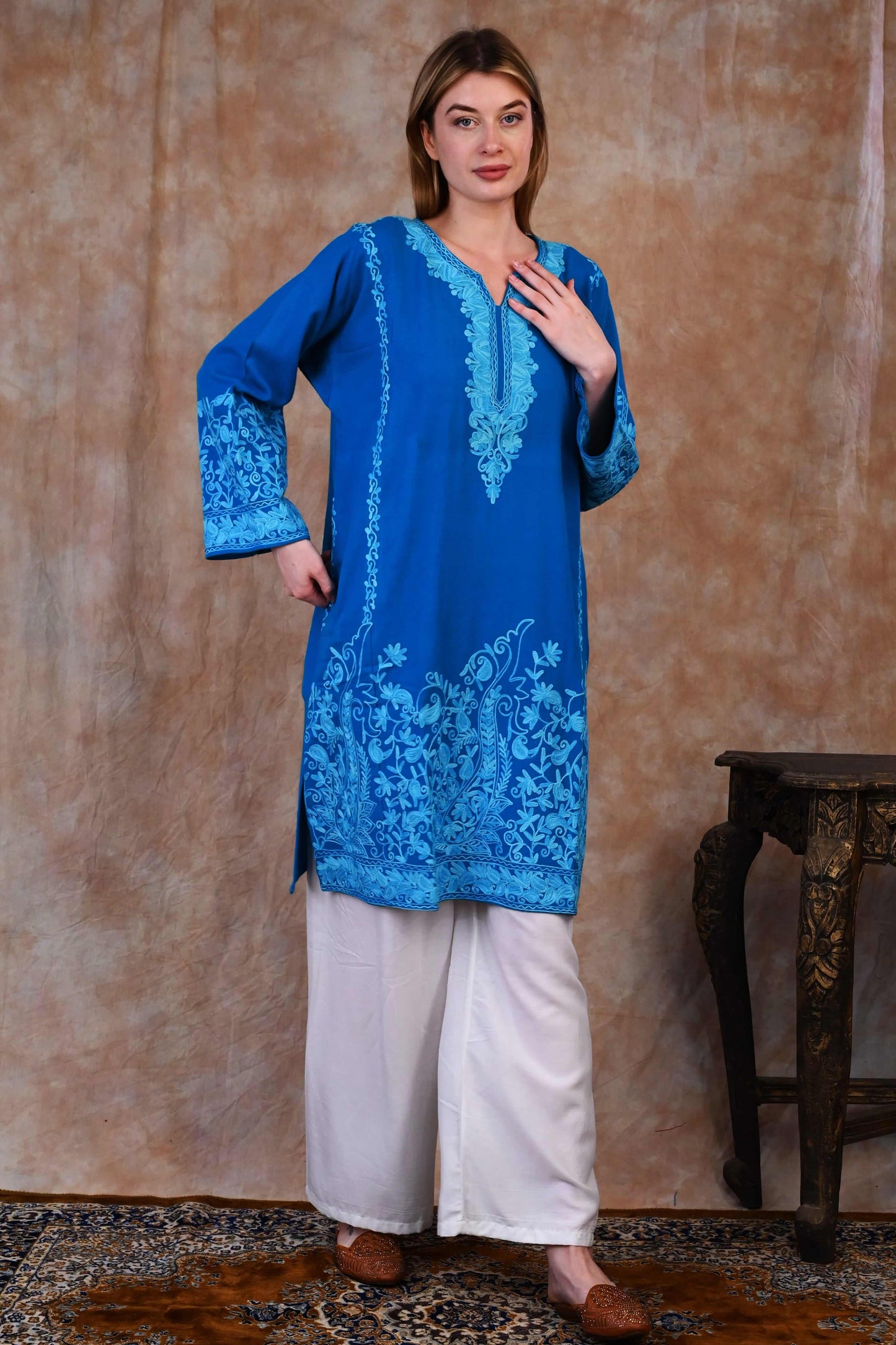 Kashmiri Woolen Phiran – Ocean Blue with Sky Blue Embroidery