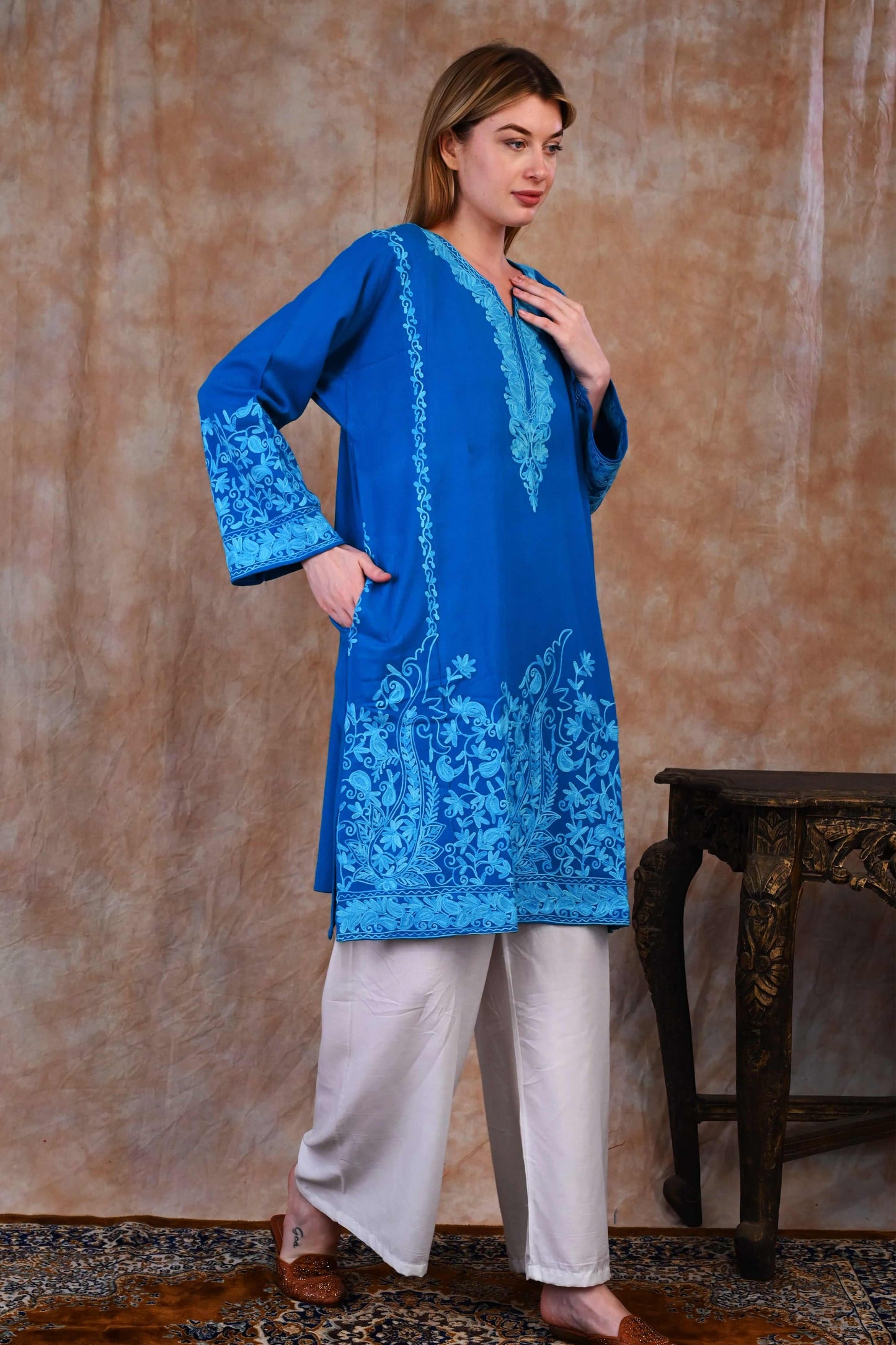 Kashmiri Woolen Phiran – Ocean Blue with Sky Blue Embroidery