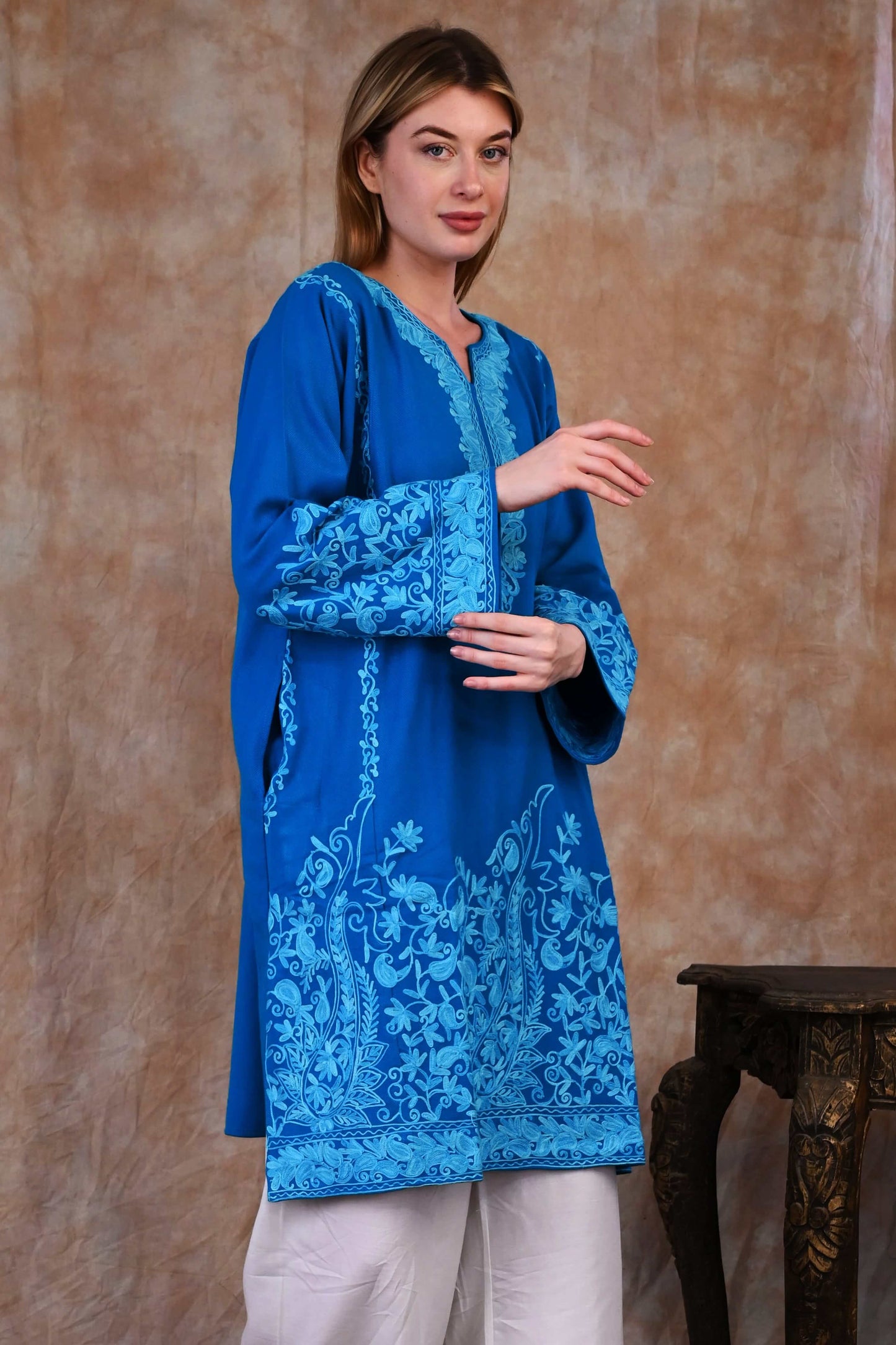 Kashmiri Woolen Phiran – Ocean Blue with Sky Blue Embroidery
