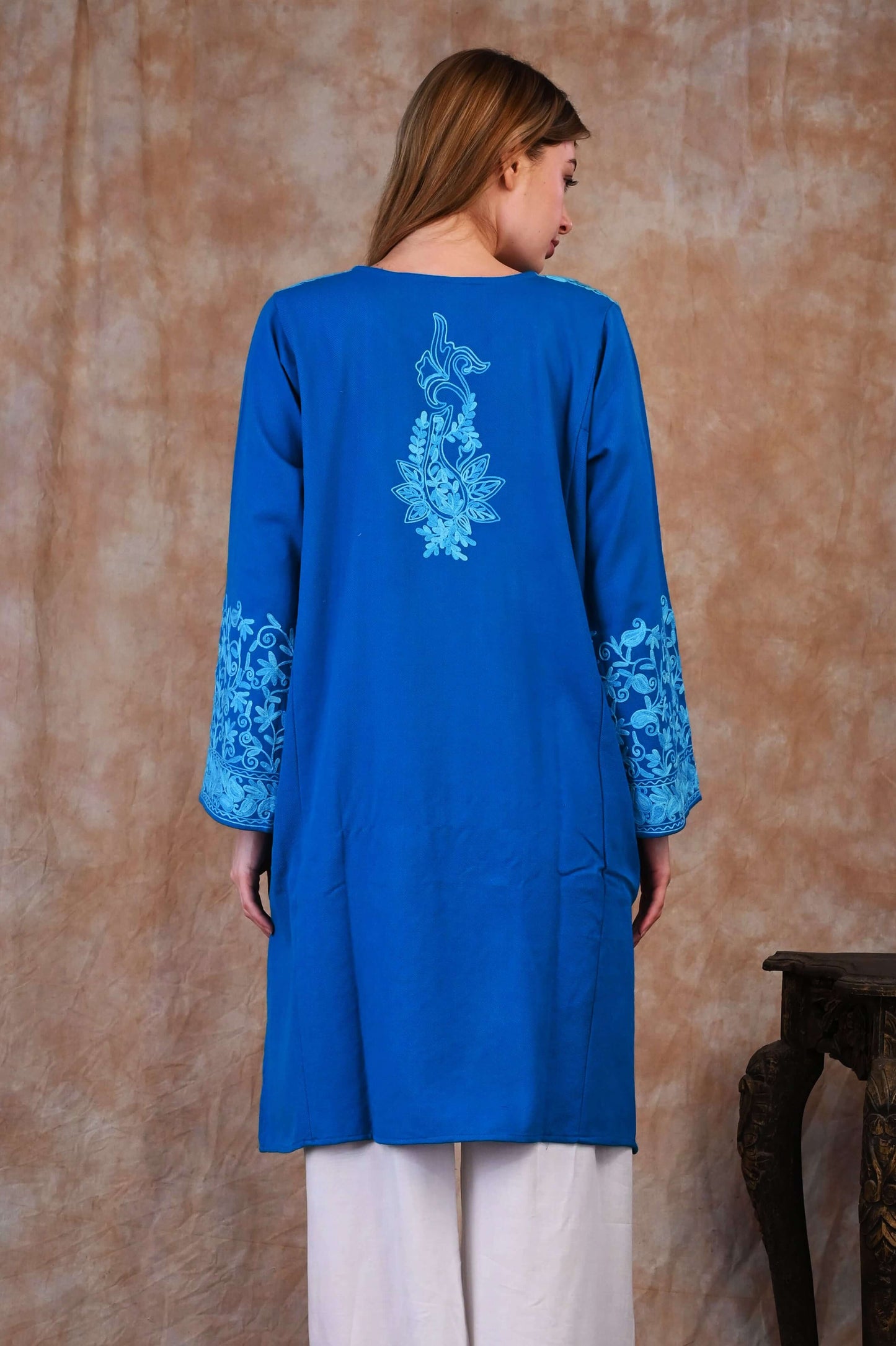 Kashmiri Woolen Phiran – Ocean Blue with Sky Blue Embroidery
