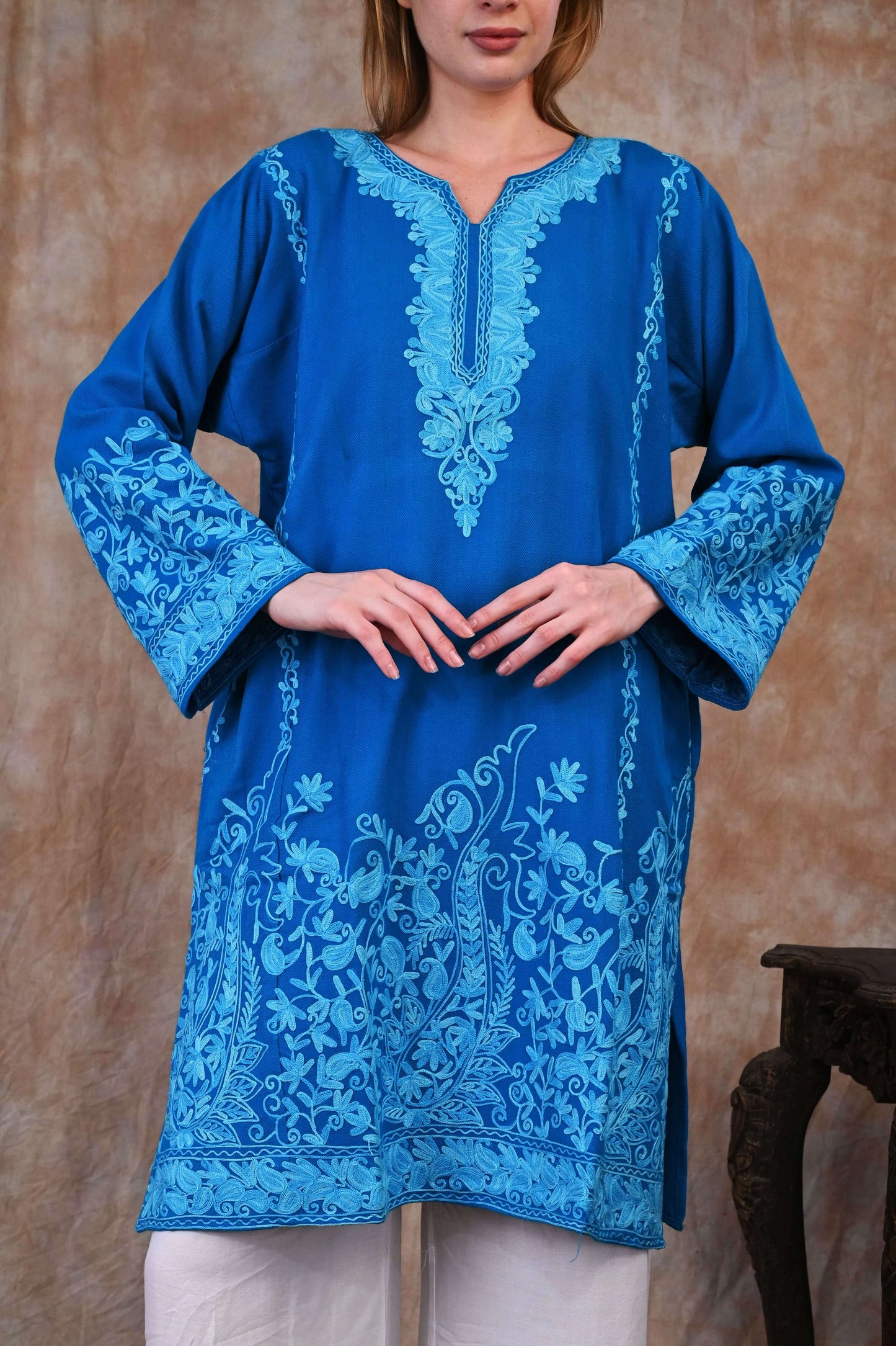 Kashmiri Woolen Phiran – Ocean Blue with Sky Blue Embroidery