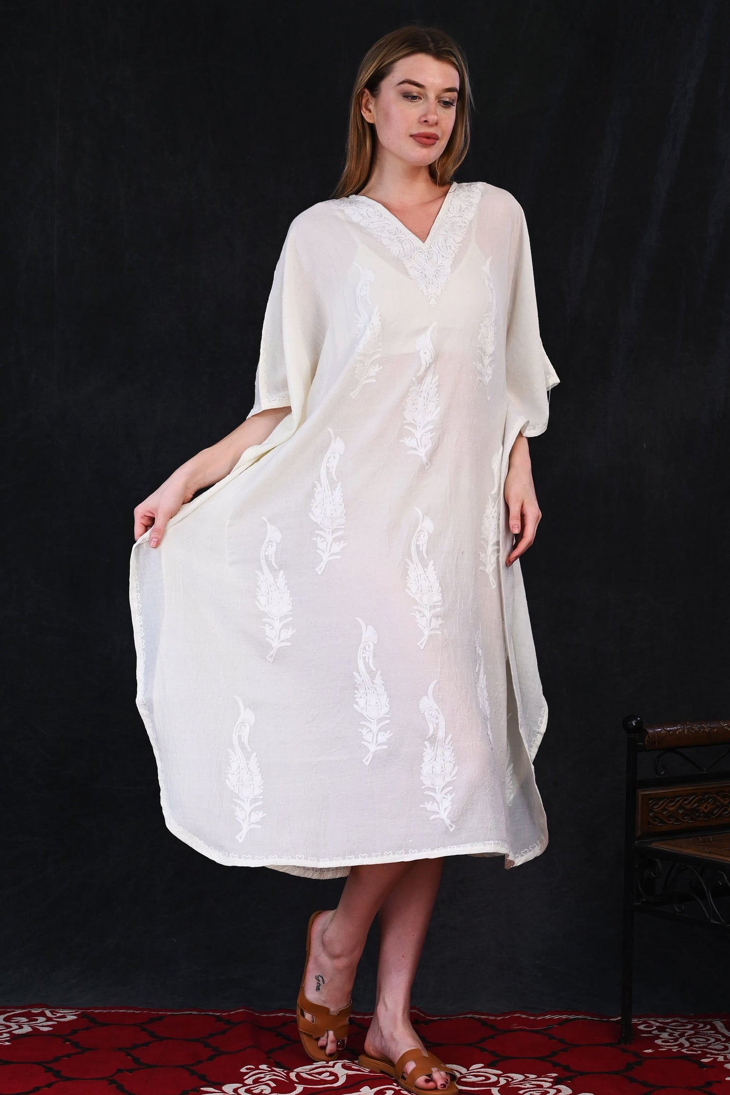 Ivory White Kashmiri Crush Cotton Kaftan with Tone-on-Tone Embroidery