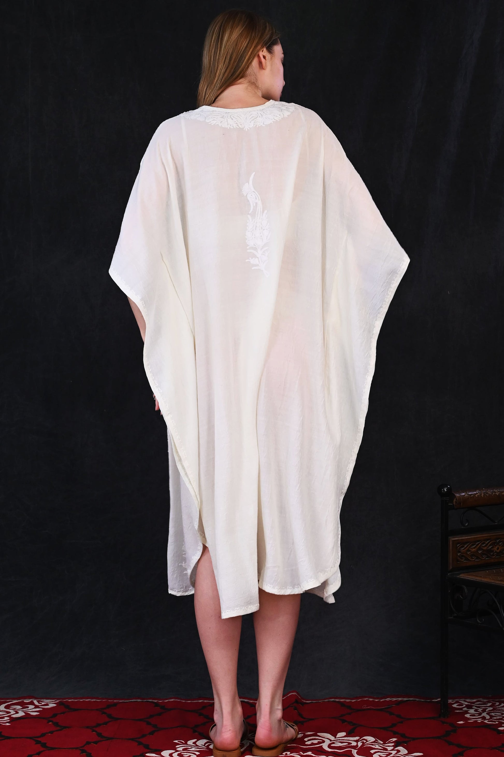 Ivory White Kashmiri Crush Cotton Kaftan with Tone-on-Tone Embroidery