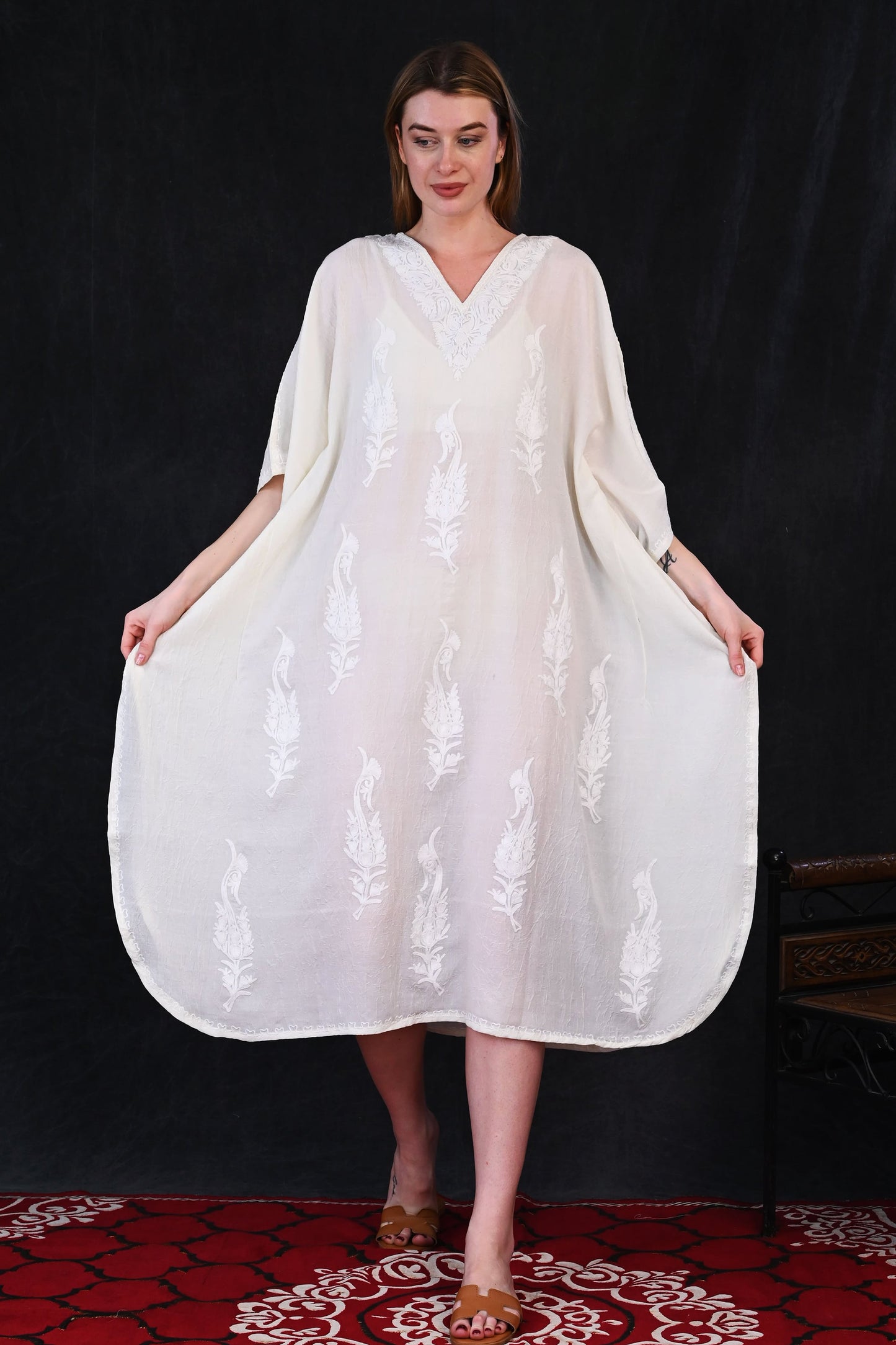 Ivory White Kashmiri Crush Cotton Kaftan with Tone-on-Tone Embroidery