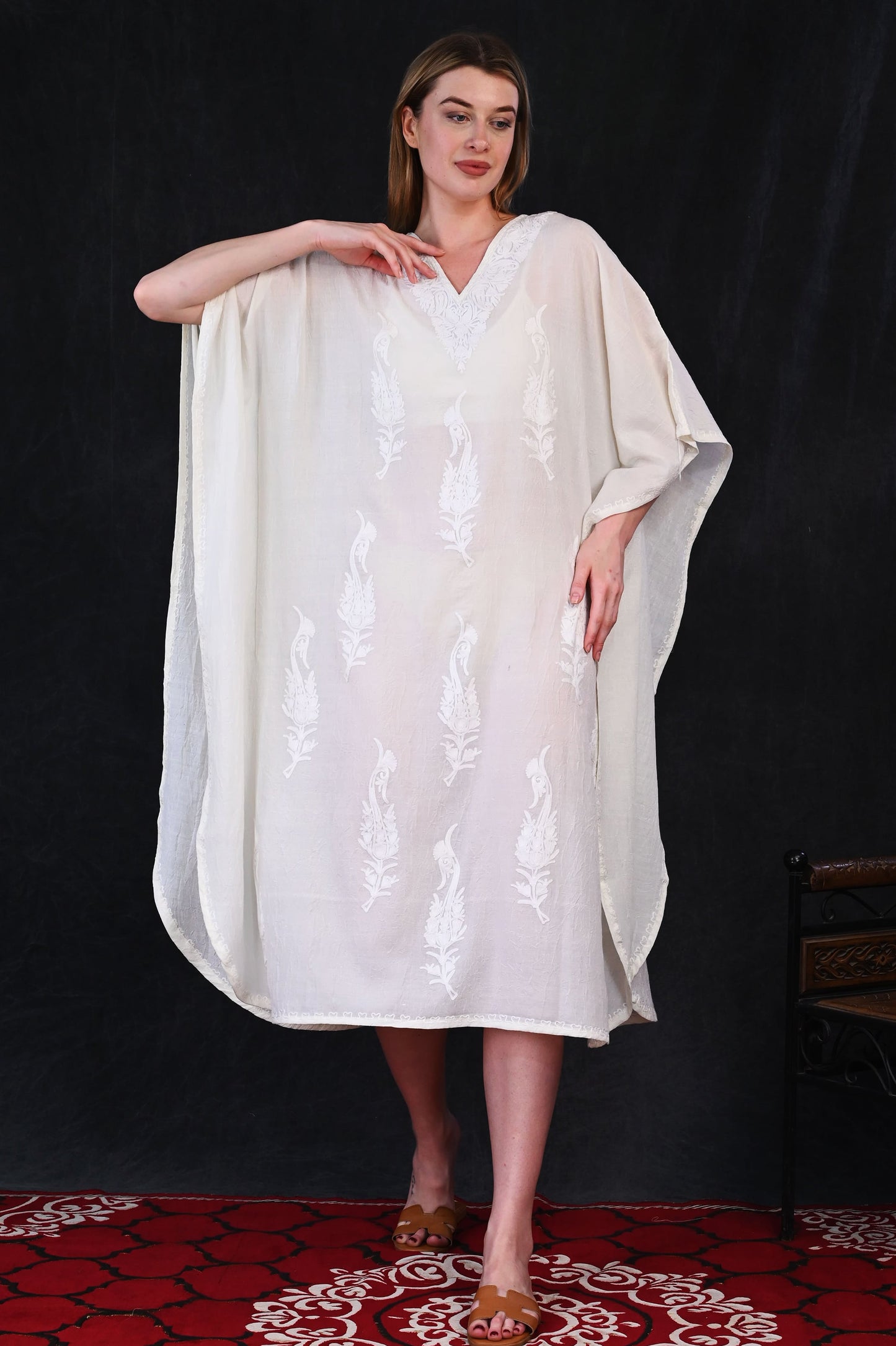 Ivory White Kashmiri Crush Cotton Kaftan with Tone-on-Tone Embroidery