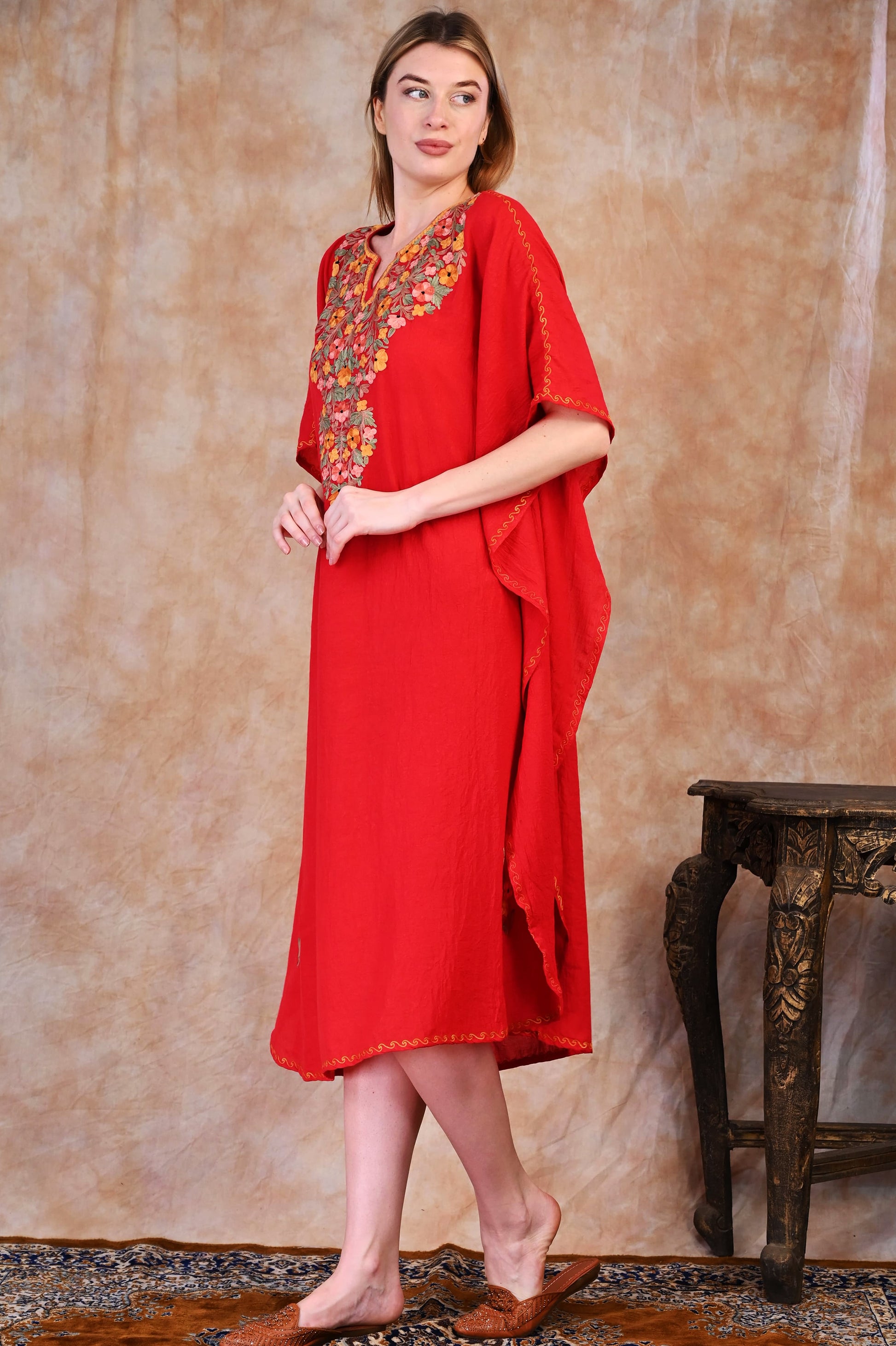 Deep Maroon Kashmiri Crush Cotton Kaftan