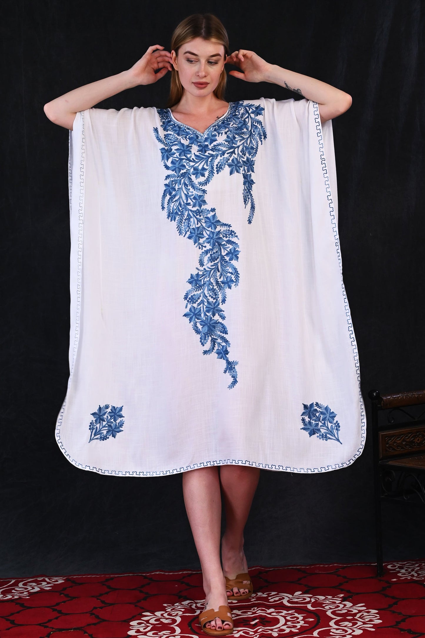 White Kashmiri Rayon Kaftan with Majestic Blue Vine Embroidery