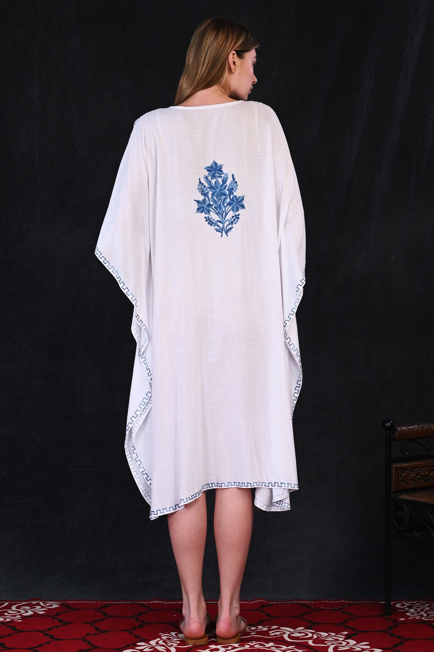 White Kashmiri Rayon Kaftan with Majestic Blue Vine Embroidery