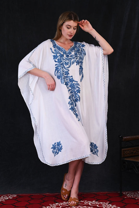 White Kashmiri Rayon Kaftan with Majestic Blue Vine Embroidery