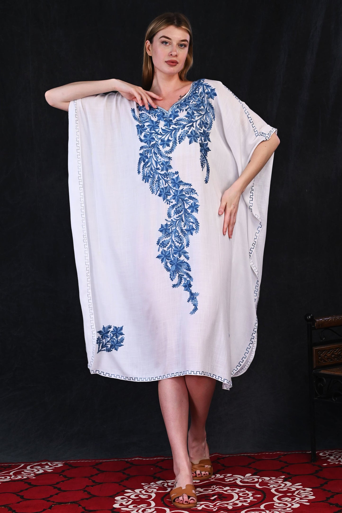 White Kashmiri Rayon Kaftan with Majestic Blue Vine Embroidery