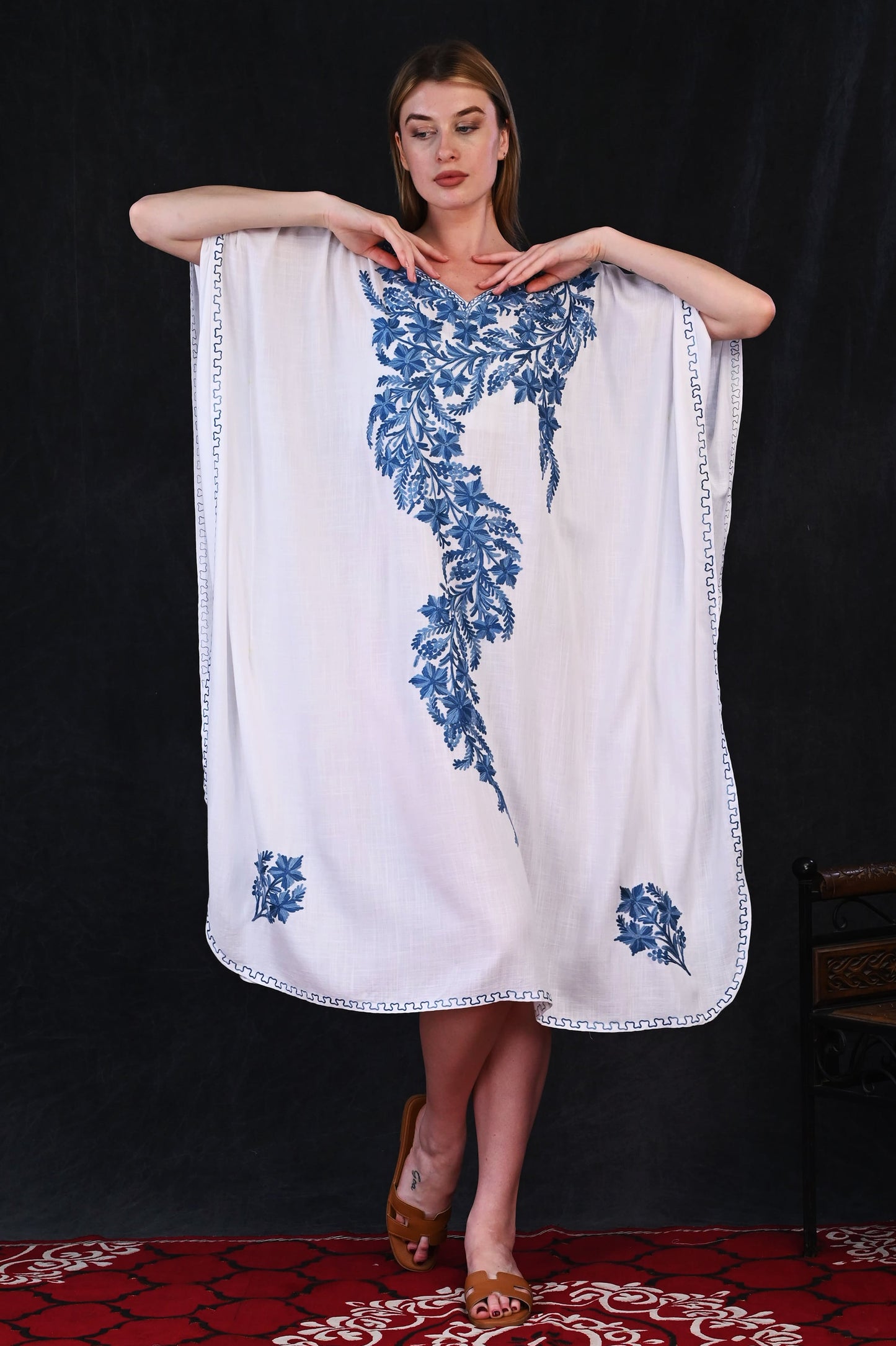 White Kashmiri Rayon Kaftan with Majestic Blue Vine Embroidery