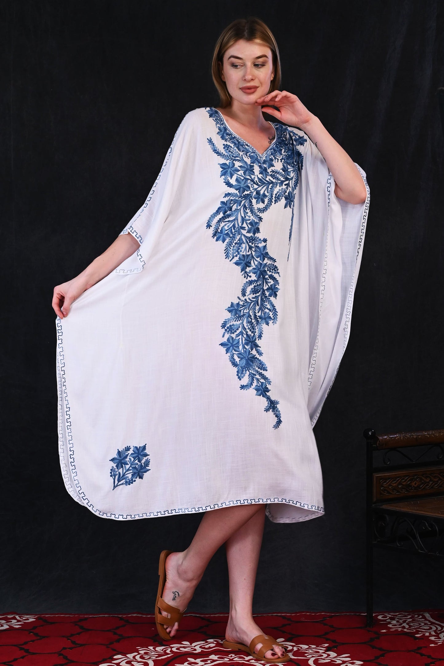 White Kashmiri Rayon Kaftan with Majestic Blue Vine Embroidery