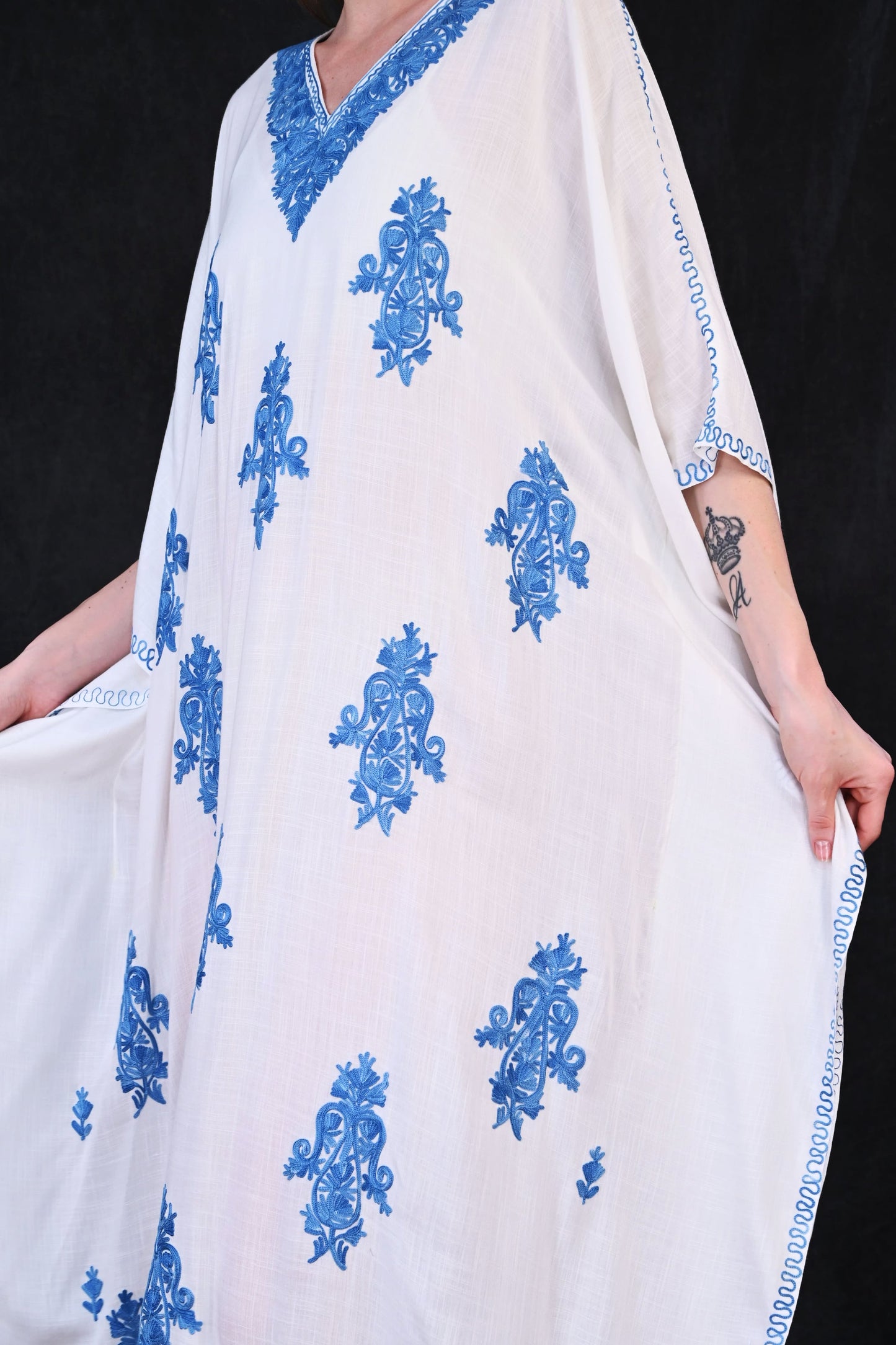 Ivory Kashmiri Rayon Kaftan with Blue All-Over Floral Motifs