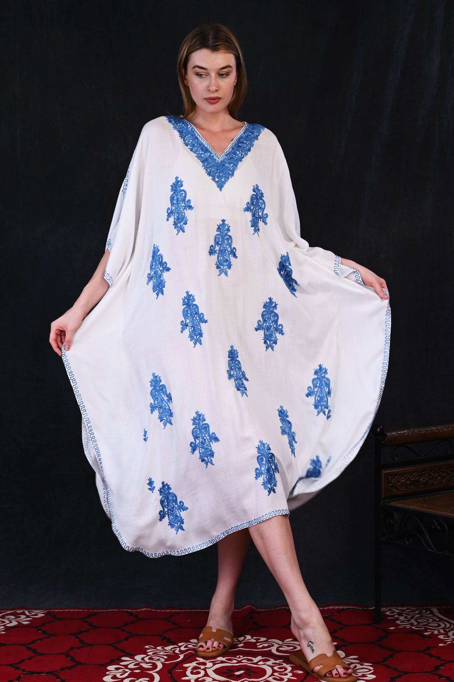 Ivory Kashmiri Rayon Kaftan with Blue All-Over Floral Motifs
