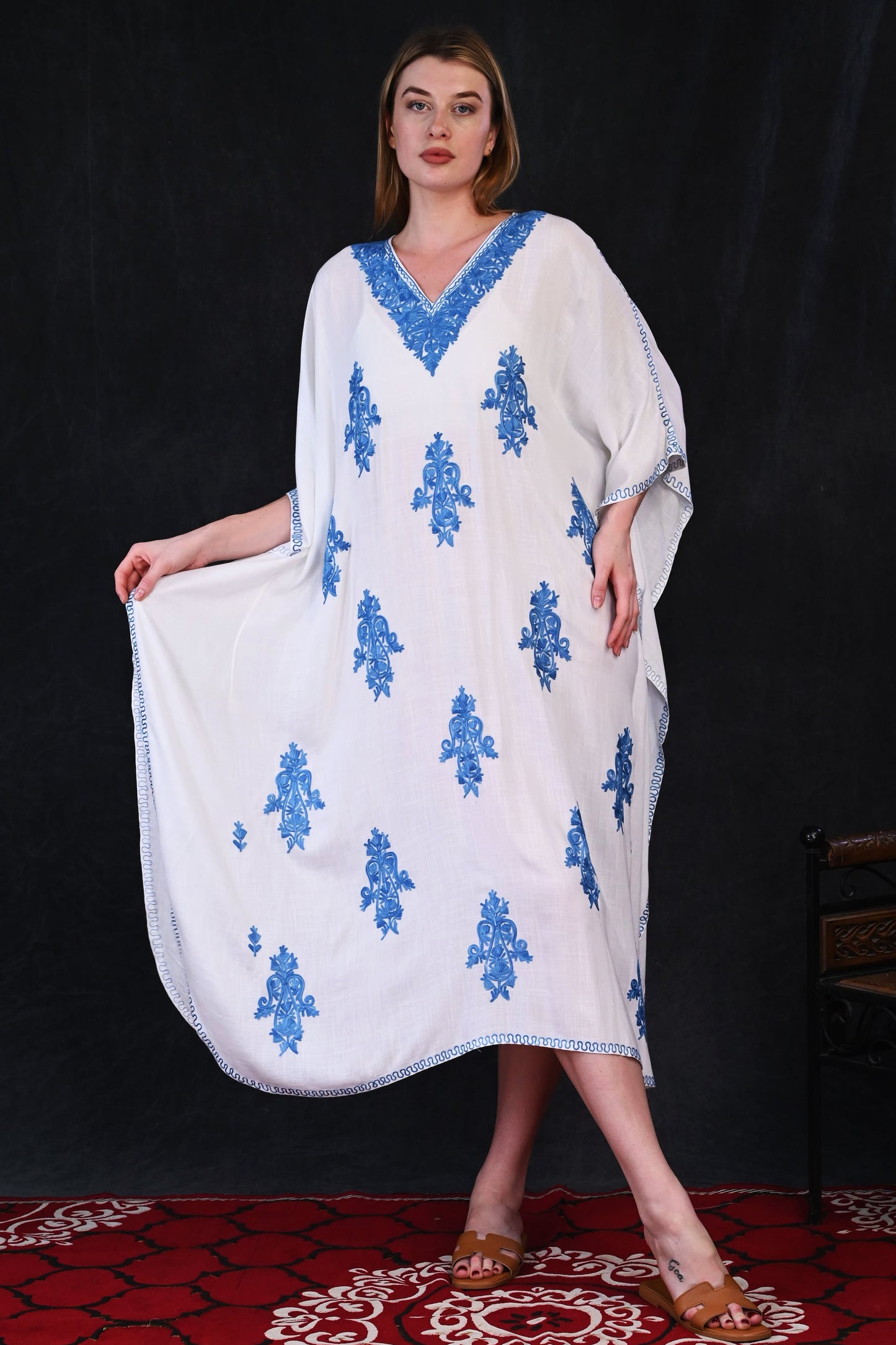 Ivory Kashmiri Rayon Kaftan with Blue All-Over Floral Motifs
