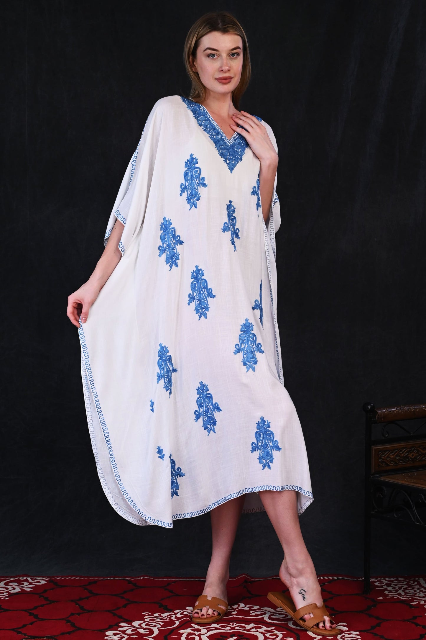 Ivory Kashmiri Rayon Kaftan with Blue All-Over Floral Motifs