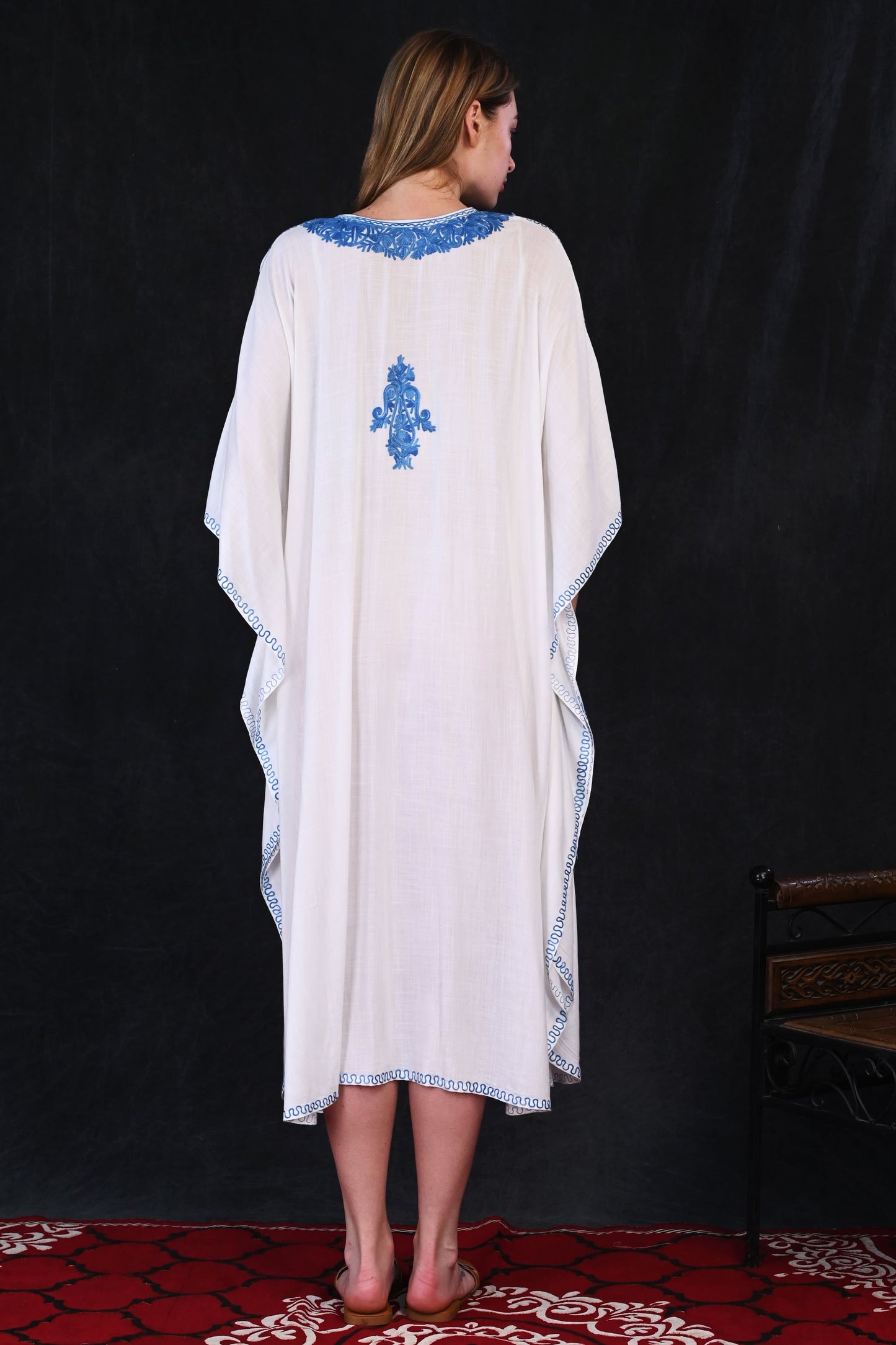 Ivory Kashmiri Rayon Kaftan with Blue All-Over Floral Motifs