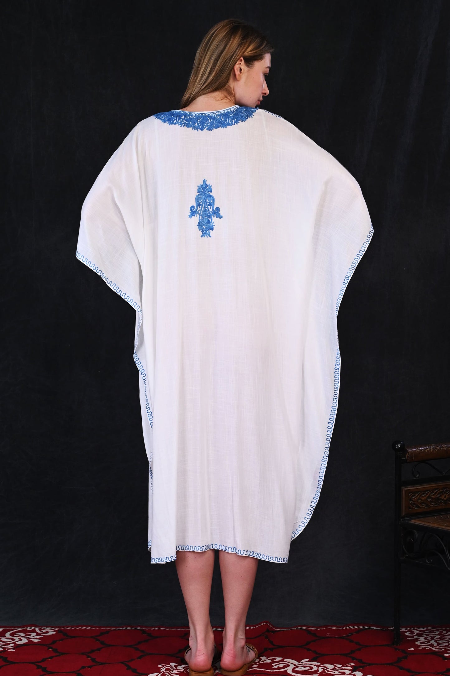Ivory Kashmiri Rayon Kaftan with Blue All-Over Floral Motifs